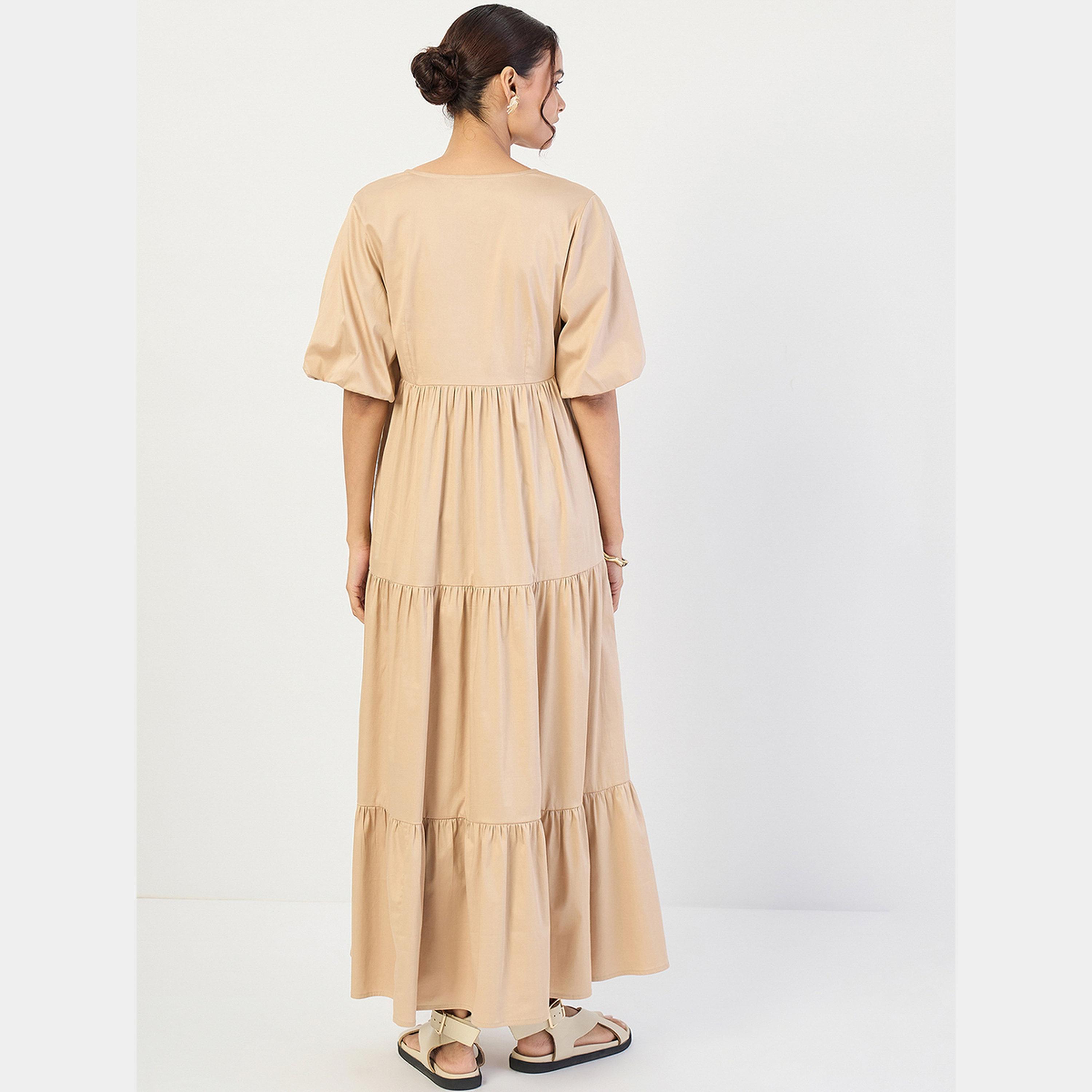 Femmella Beige Solid V-Neck Puff Sleeves Women's Cotton Tiered Maxi Dress-women-clothing-dresses-image-3