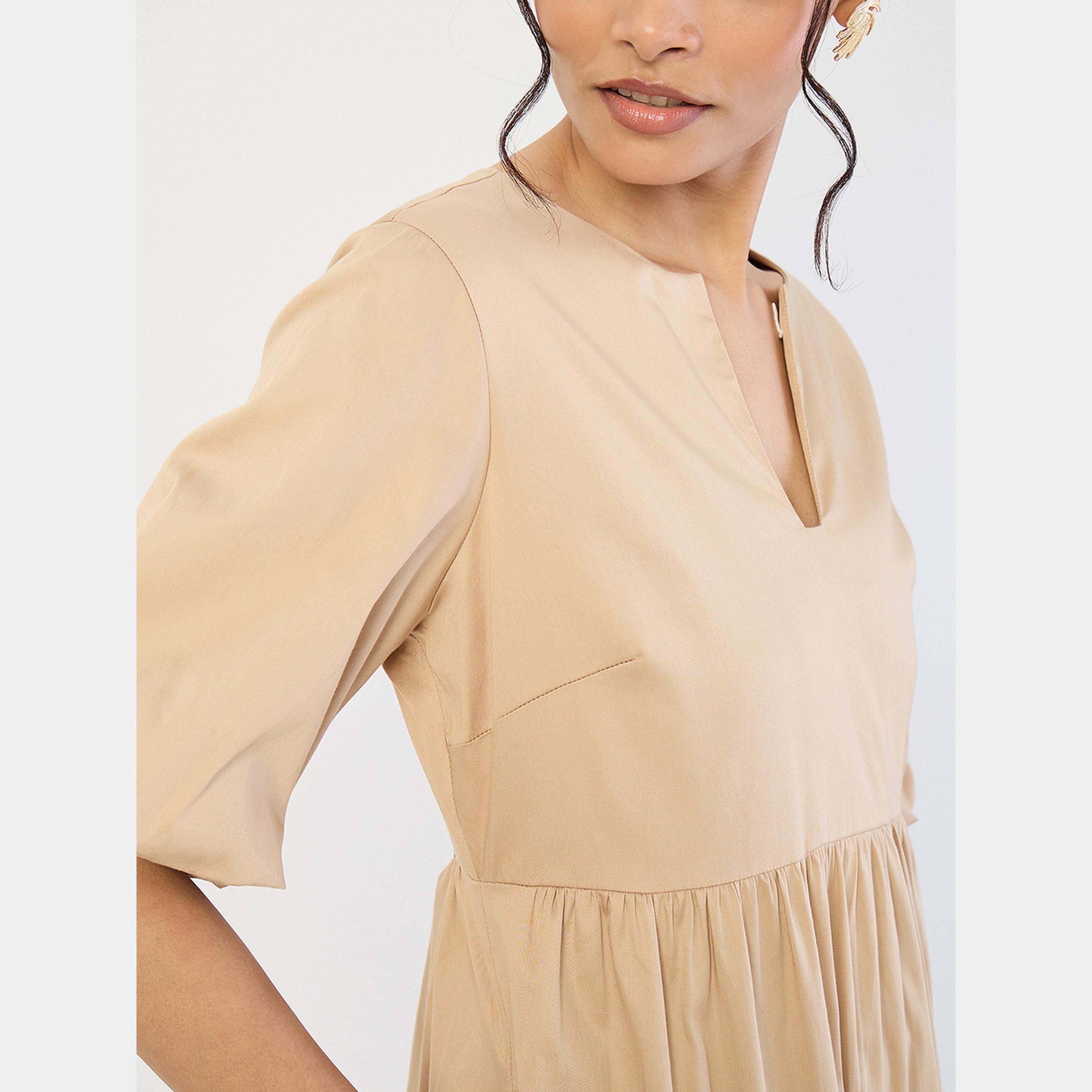 Femmella Beige Solid V-Neck Puff Sleeves Women's Cotton Tiered Maxi Dress-women-clothing-dresses-image-4
