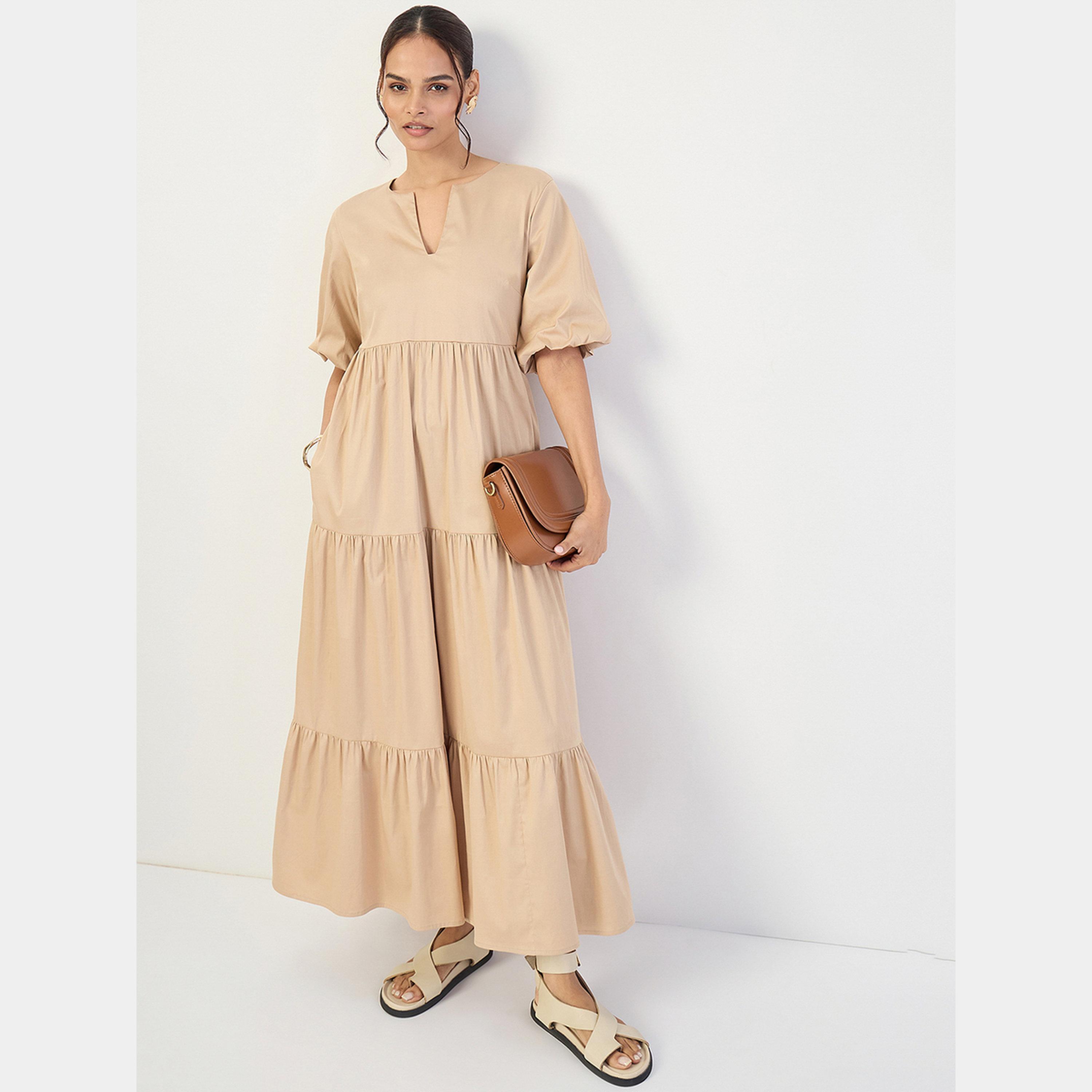 Femmella Beige Solid V-Neck Puff Sleeves Women's Cotton Tiered Maxi Dress-women-clothing-dresses-image-6