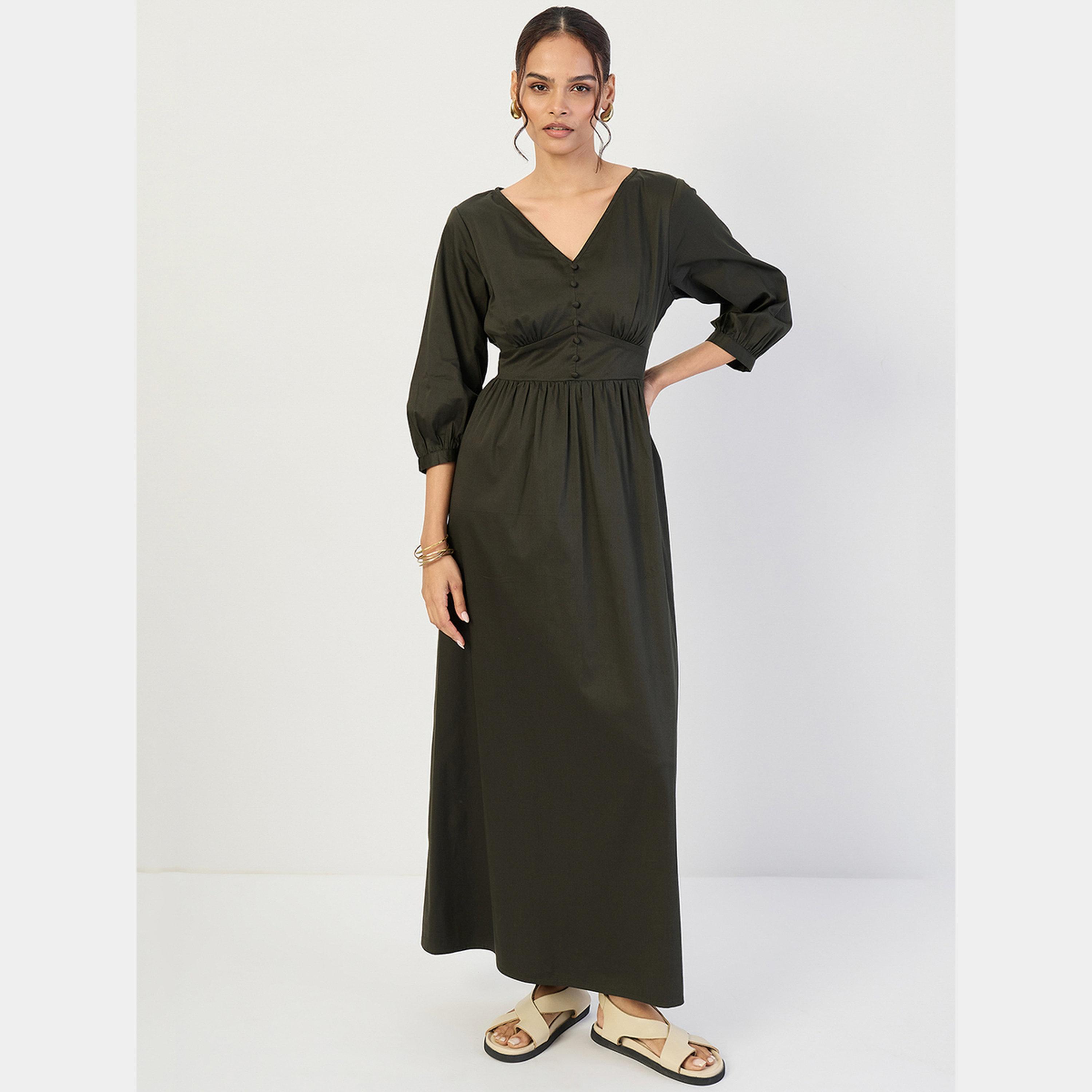 فيميلا - فستان ماكسي نسائي من القطن الزيتوني رقبة حرف V وأكمام 3/4 مع تفاصيل مشد-women-clothing-dresses-image-1