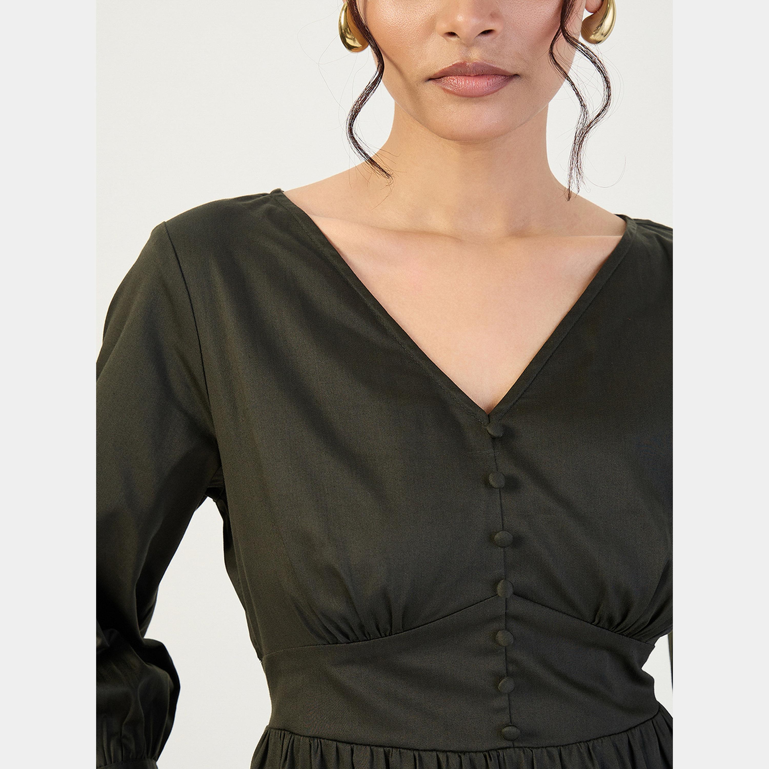 فيميلا - فستان ماكسي نسائي من القطن الزيتوني رقبة حرف V وأكمام 3/4 مع تفاصيل مشد-women-clothing-dresses-image-4