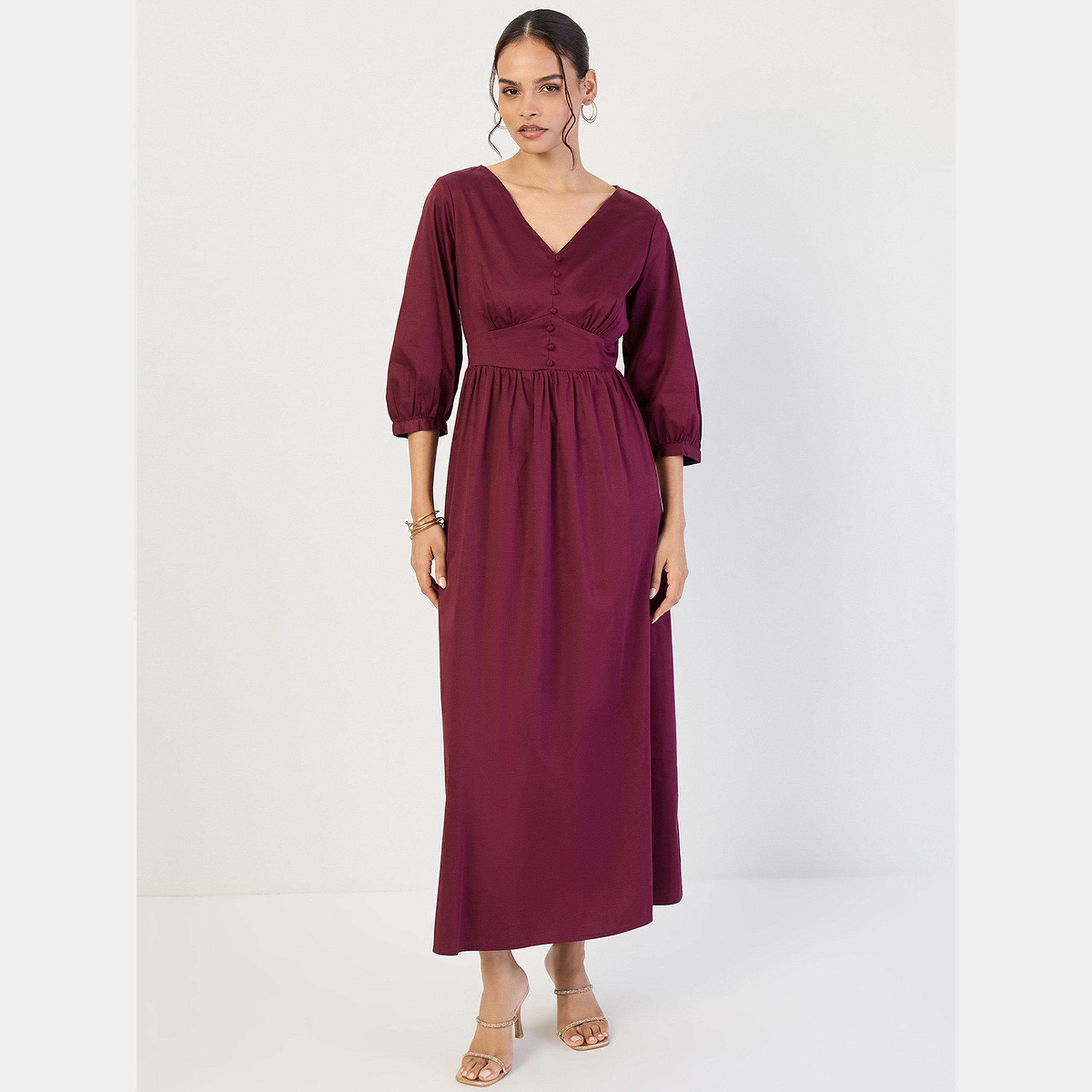فيميلا - فستان ماكسي نسائي قطن لون نبيذي فتحة حرف V وأكمام 3/4 وتفاصيل مشد-women-clothing-dresses-image-1