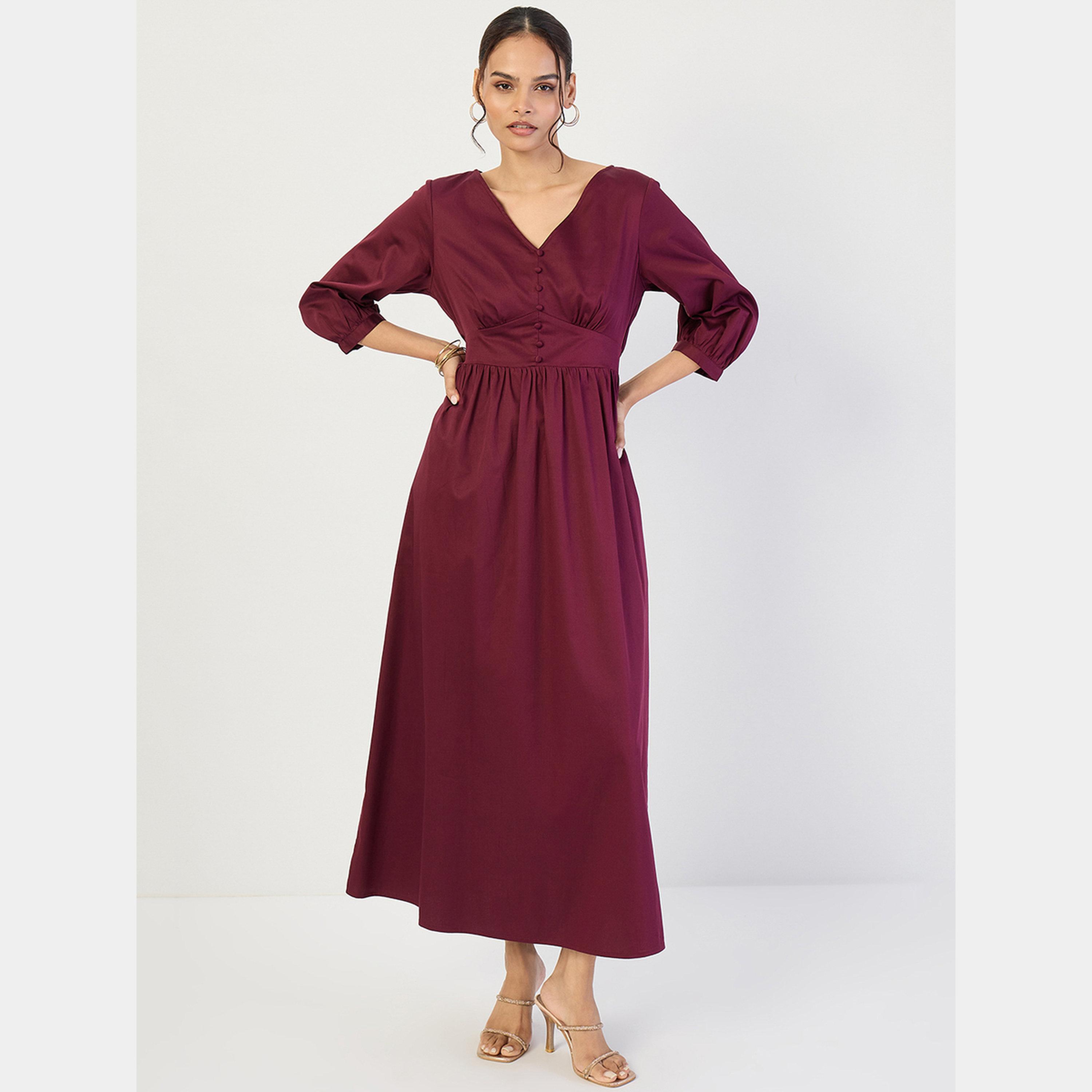 فيميلا - فستان ماكسي نسائي قطن لون نبيذي فتحة حرف V وأكمام 3/4 وتفاصيل مشد-women-clothing-dresses-image-2