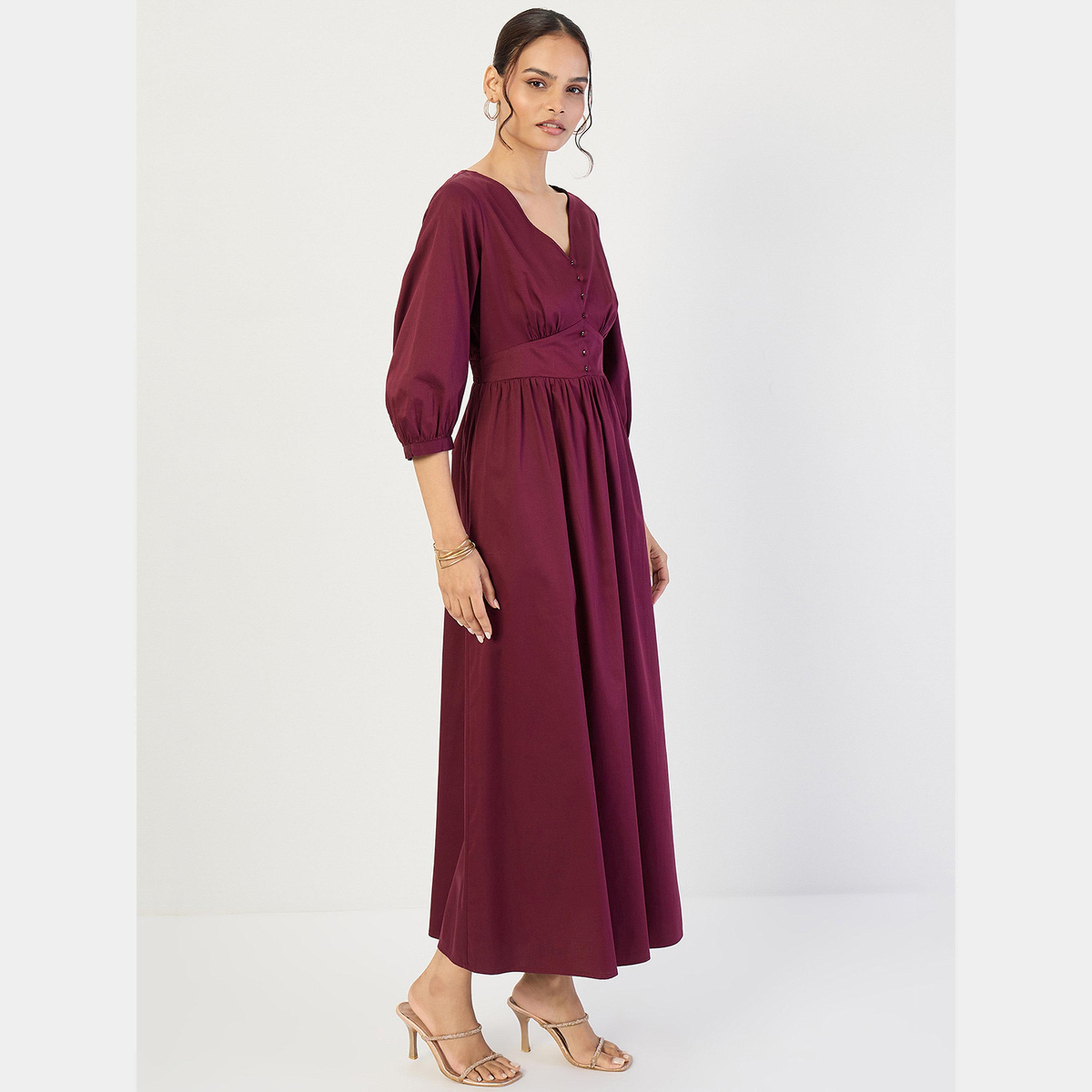 فيميلا - فستان ماكسي نسائي قطن لون نبيذي فتحة حرف V وأكمام 3/4 وتفاصيل مشد-women-clothing-dresses-image-4