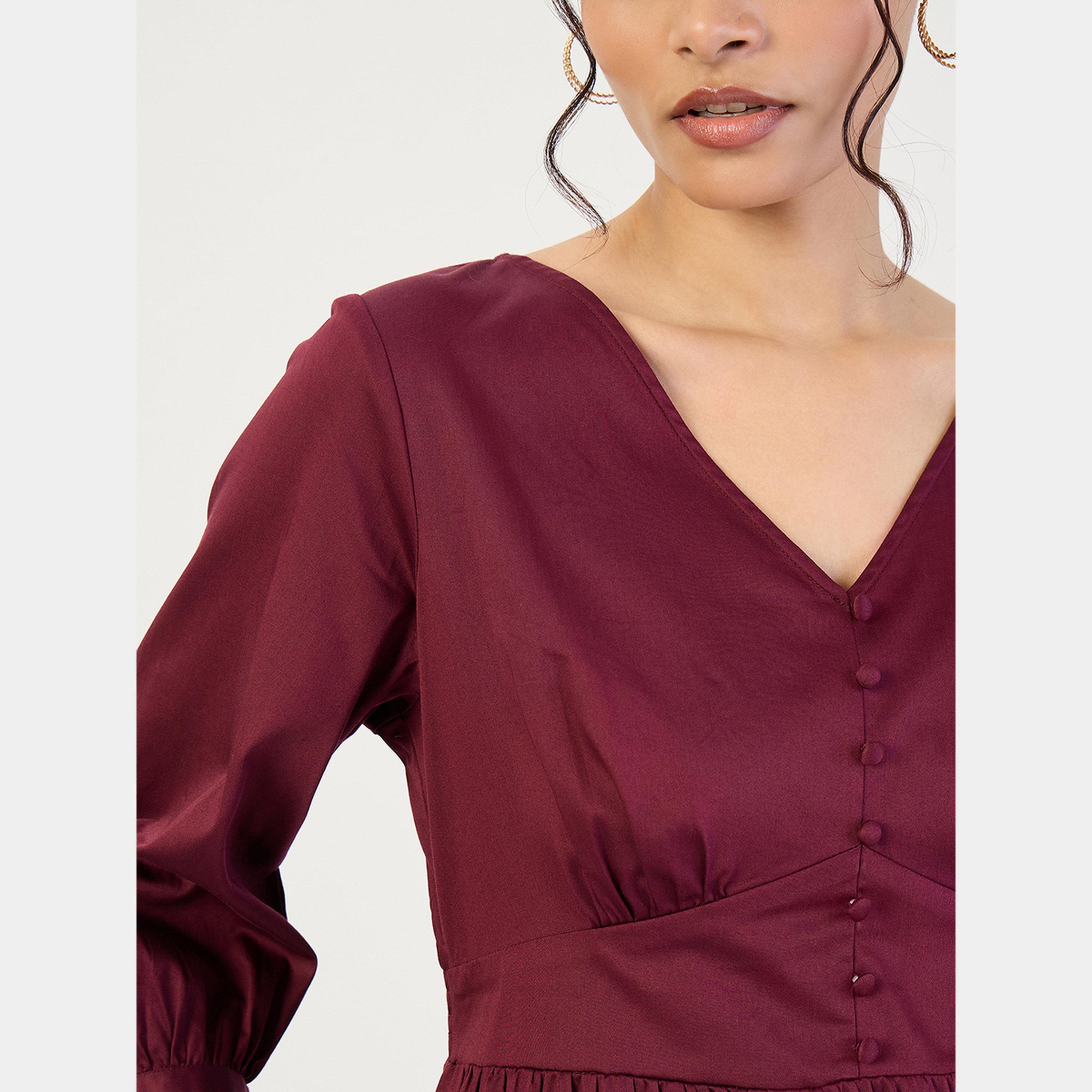 فيميلا - فستان ماكسي نسائي قطن لون نبيذي فتحة حرف V وأكمام 3/4 وتفاصيل مشد-women-clothing-dresses-image-5