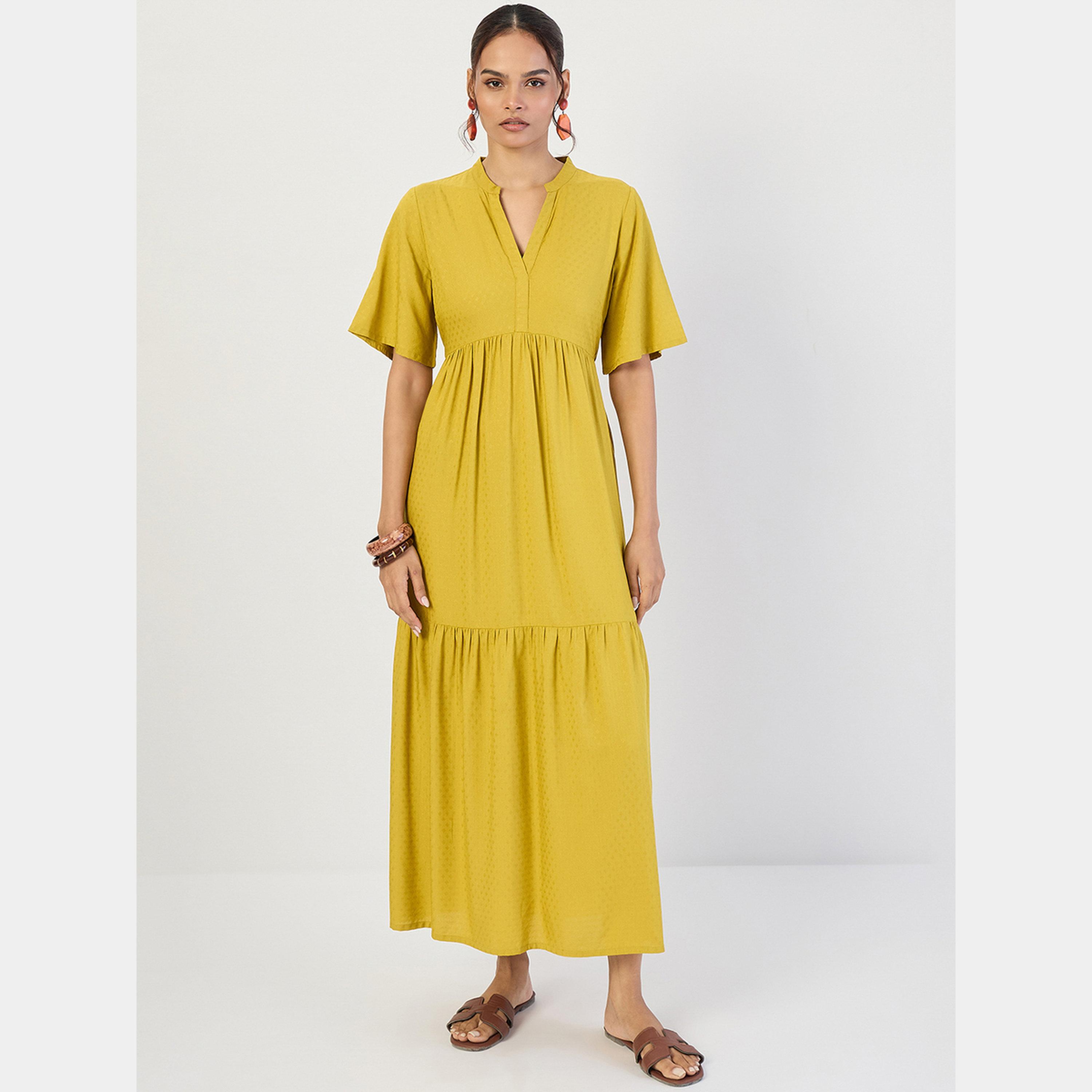 Femmella Mustard Dobby Mandarin Flared Sleeves Women's Tiered Maxi Dress-women-clothing-dresses-image-1