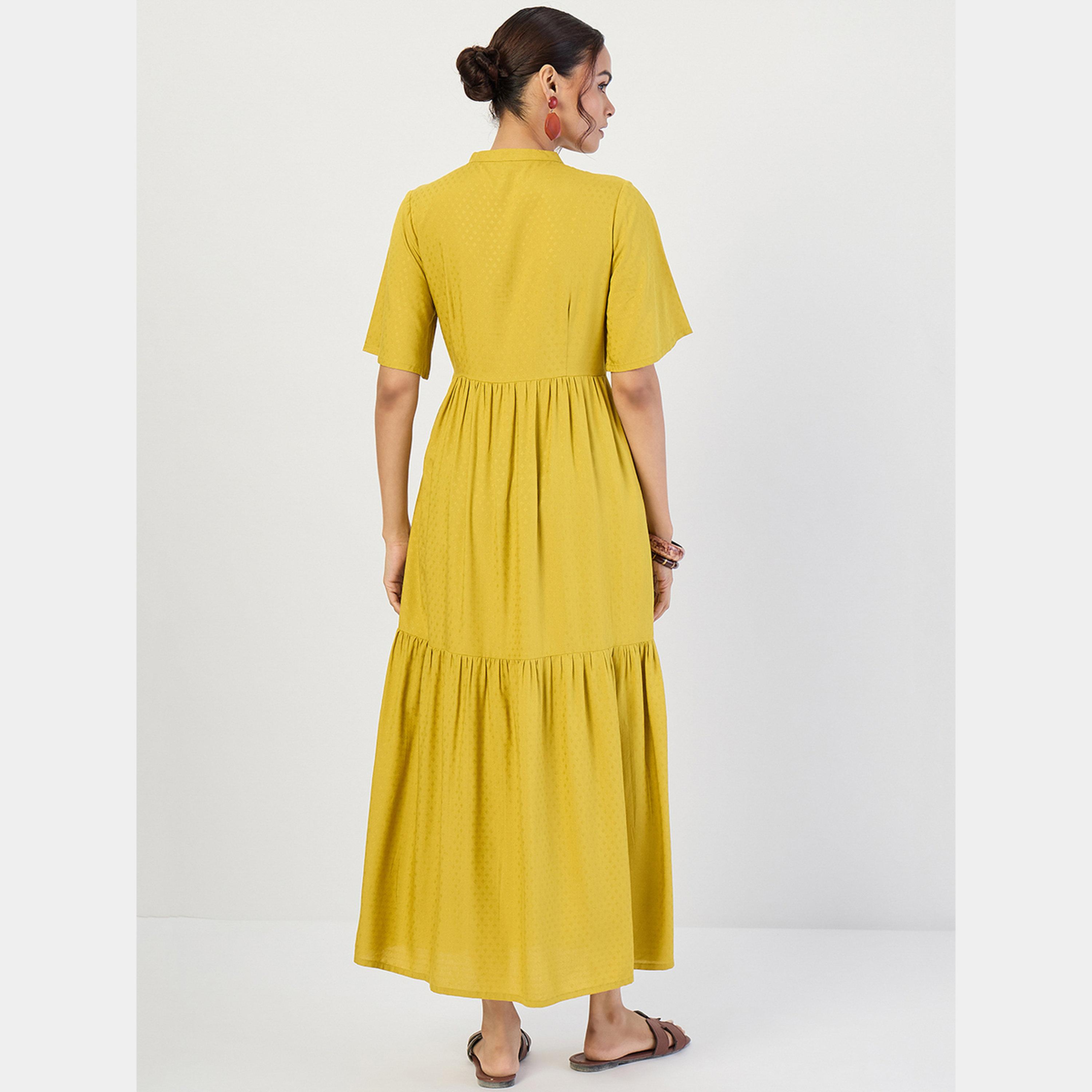 Femmella Mustard Dobby Mandarin Flared Sleeves Women's Tiered Maxi Dress-women-clothing-dresses-image-3