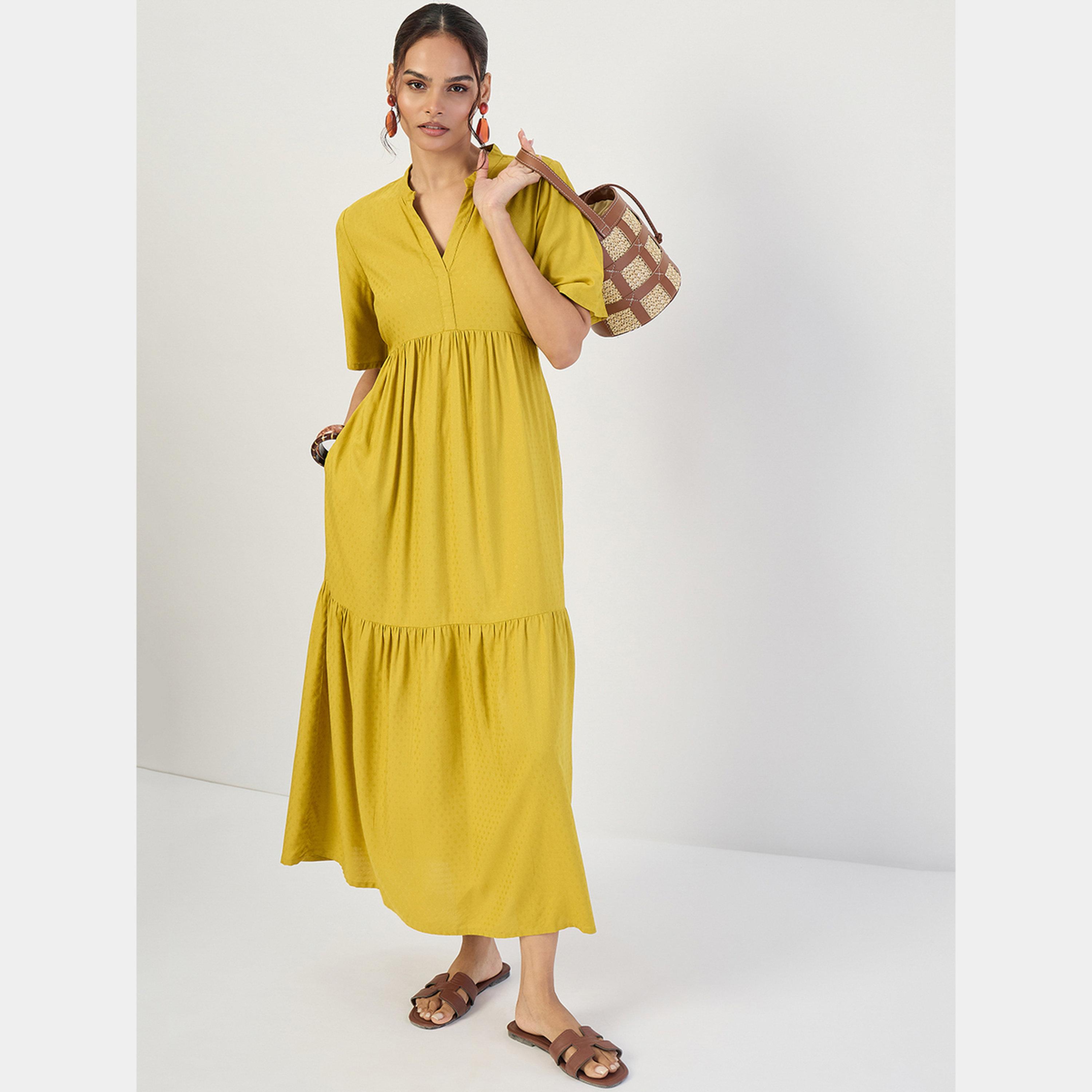 Femmella Mustard Dobby Mandarin Flared Sleeves Women's Tiered Maxi Dress-women-clothing-dresses-image-5