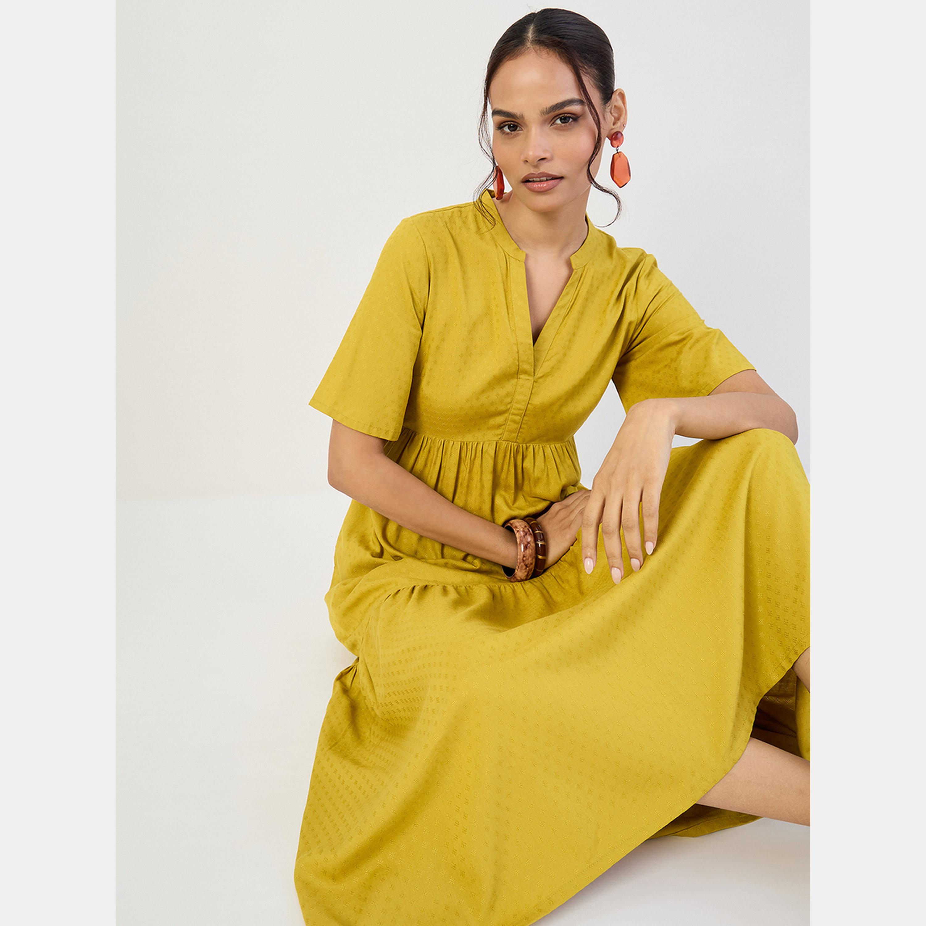Femmella Mustard Dobby Mandarin Flared Sleeves Women's Tiered Maxi Dress-women-clothing-dresses-image-6