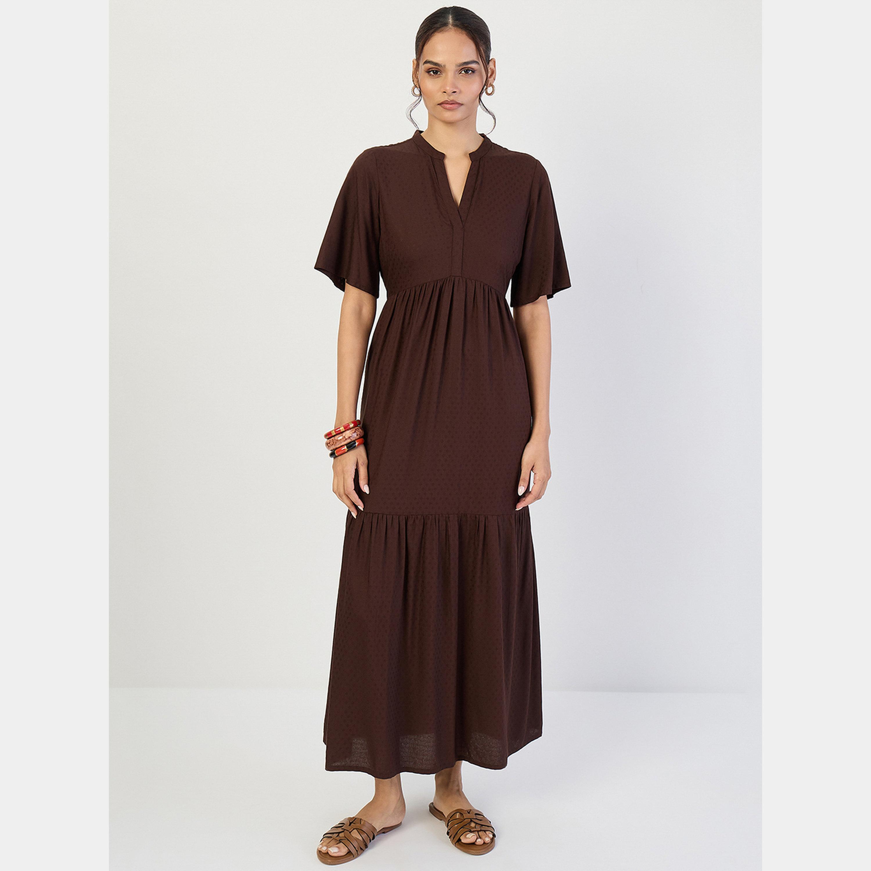 Femmella Coffee Dobby Mandarin Flared Sleeves Women's Tiered Maxi Dress-women-clothing-dresses-image-1