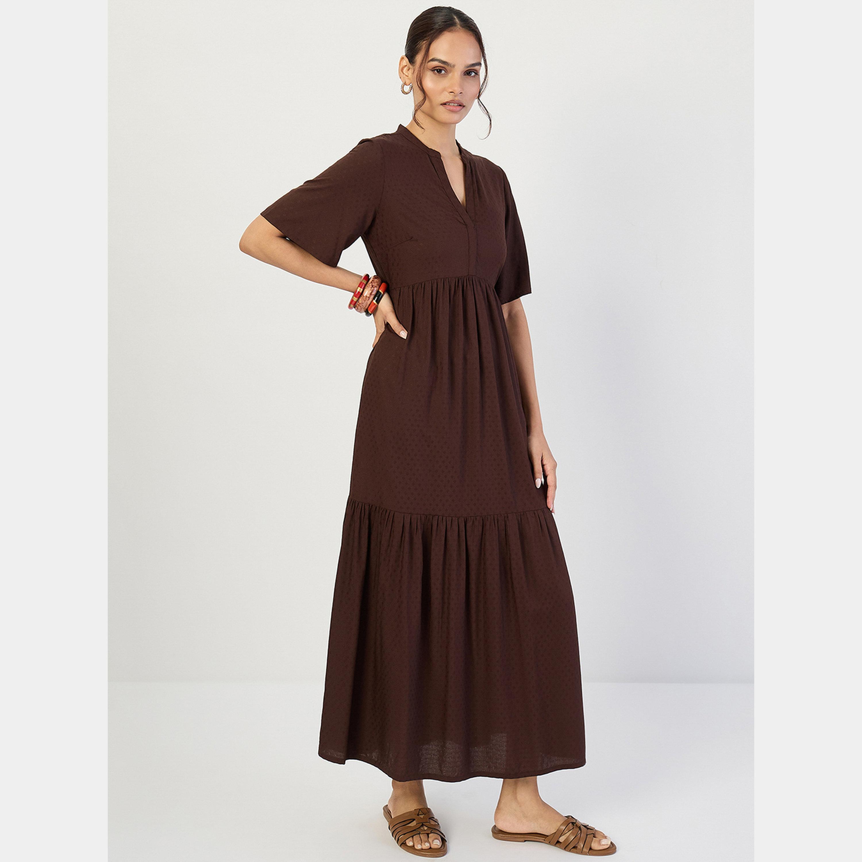 Femmella Coffee Dobby Mandarin Flared Sleeves Women's Tiered Maxi Dress-women-clothing-dresses-image-2