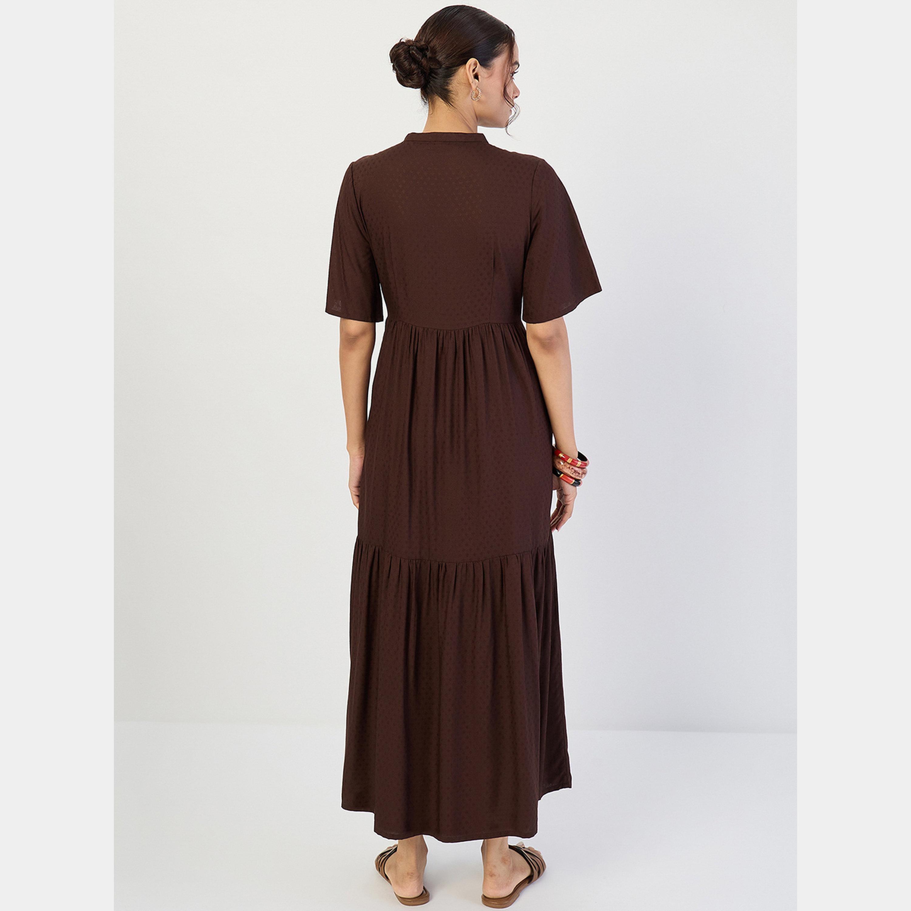 Femmella Coffee Dobby Mandarin Flared Sleeves Women's Tiered Maxi Dress-women-clothing-dresses-image-3