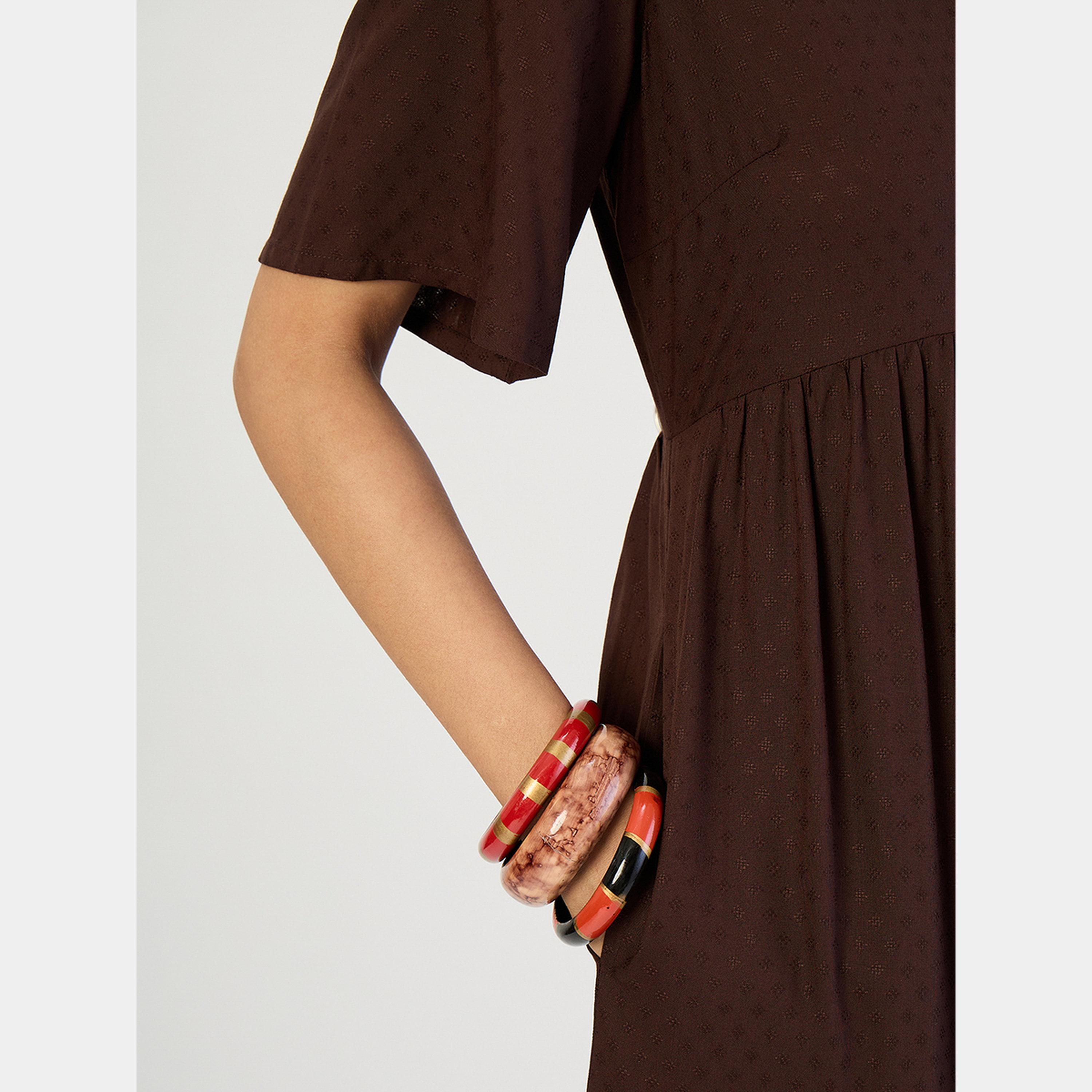 Femmella Coffee Dobby Mandarin Flared Sleeves Women's Tiered Maxi Dress-women-clothing-dresses-image-5