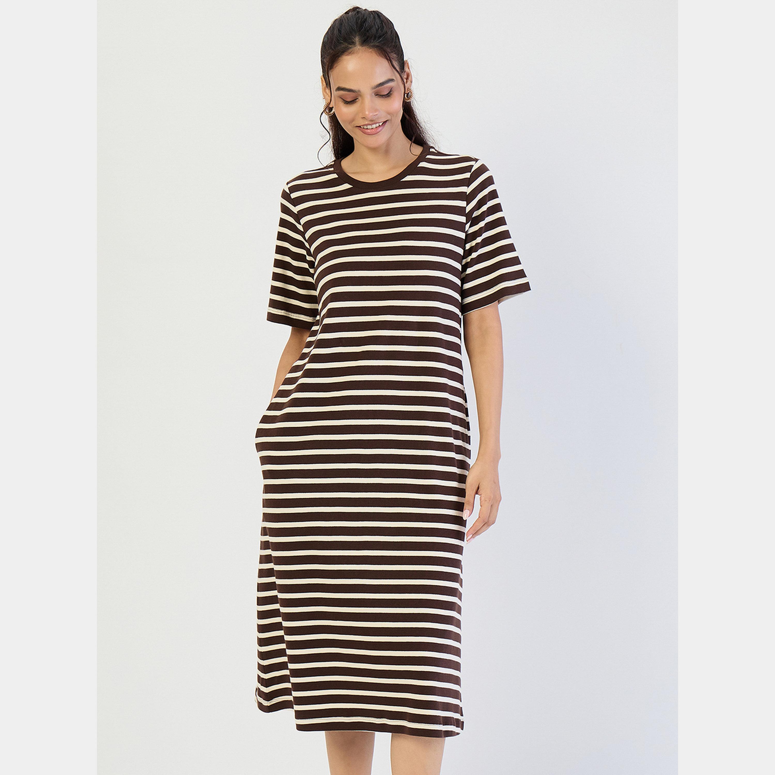 Femmella Brown Striped Knit Round Neck Short Sleeves Women's Midi Dress-women-clothing-dresses-image-1