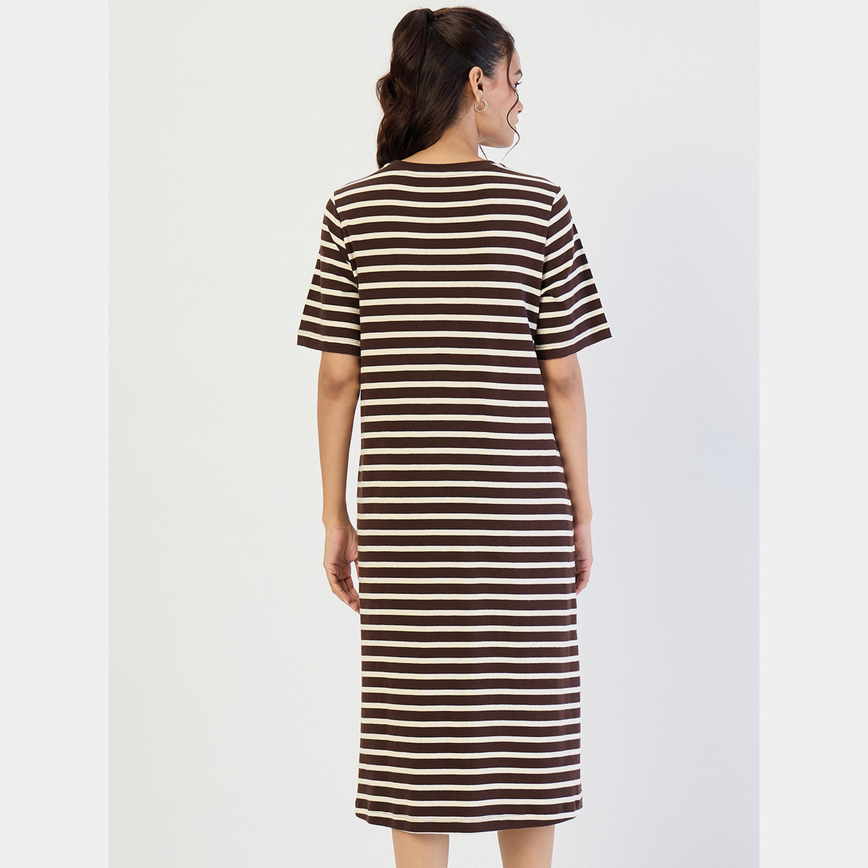 Femmella Brown Striped Knit Round Neck Short Sleeves Women's Midi Dress-women-clothing-dresses-image-3
