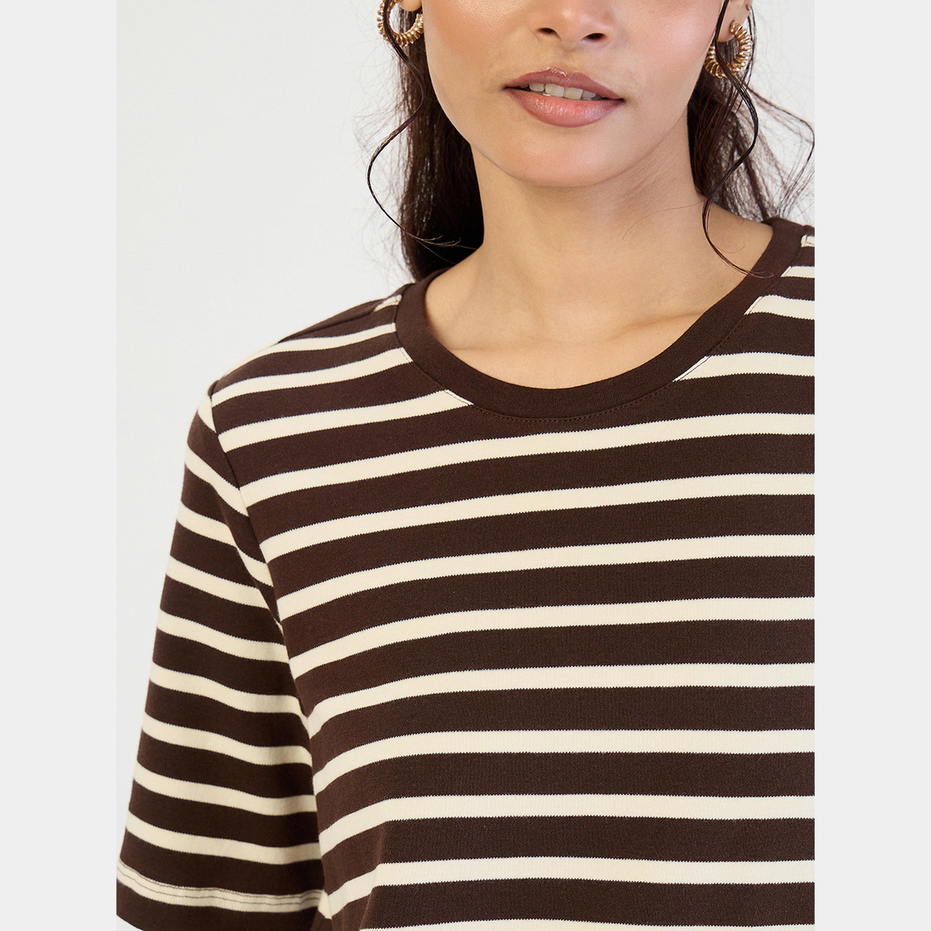 Femmella Brown Striped Knit Round Neck Short Sleeves Women's Midi Dress-women-clothing-dresses-image-4