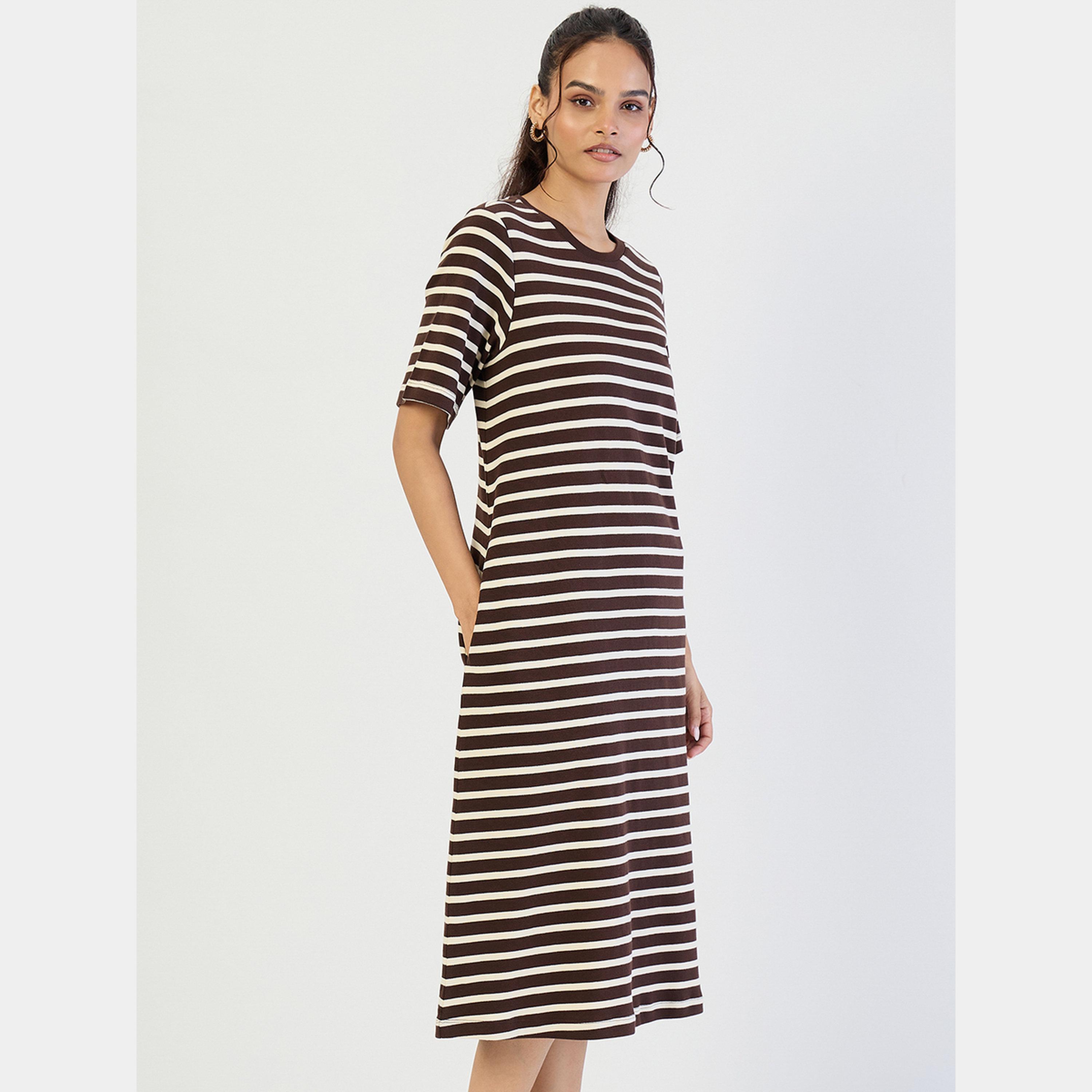 Femmella Brown Striped Knit Round Neck Short Sleeves Women's Midi Dress-women-clothing-dresses-image-6