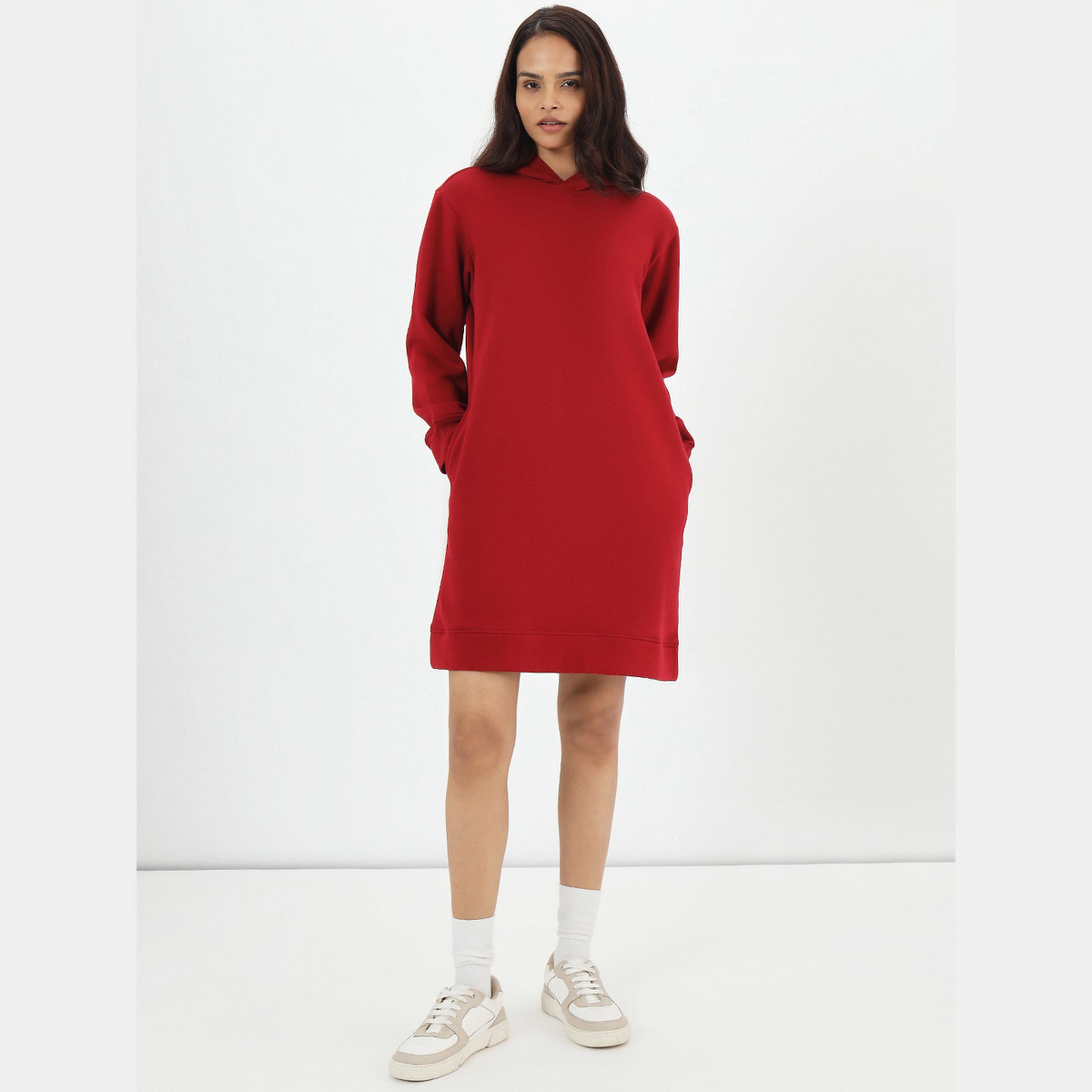 Femmella Red Solid Hooded Neck Long Sleeves Women's Fleece Mini Sweatshirt Dress-women-clothing-dresses-image-1
