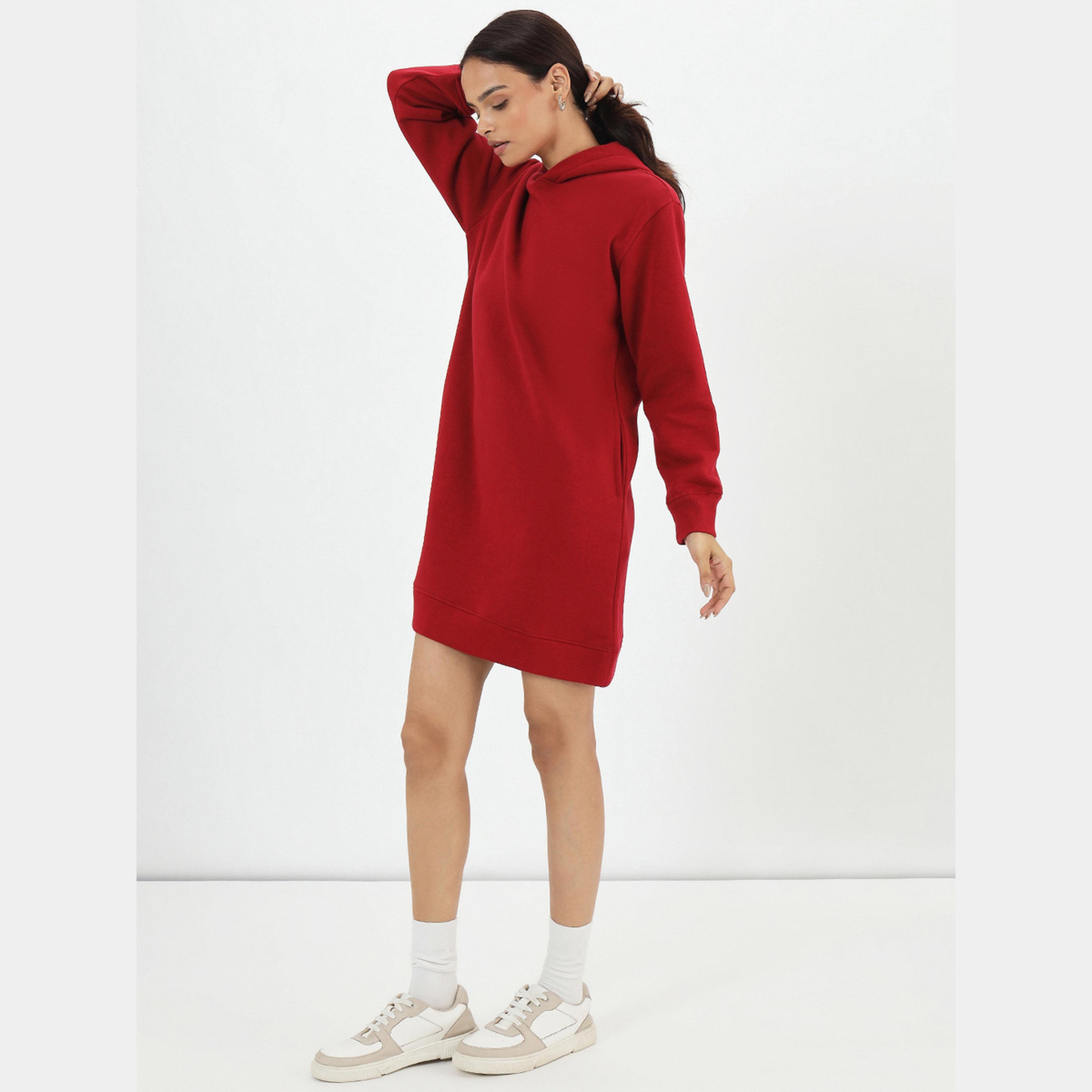 Femmella Red Solid Hooded Neck Long Sleeves Women's Fleece Mini Sweatshirt Dress-women-clothing-dresses-image-2