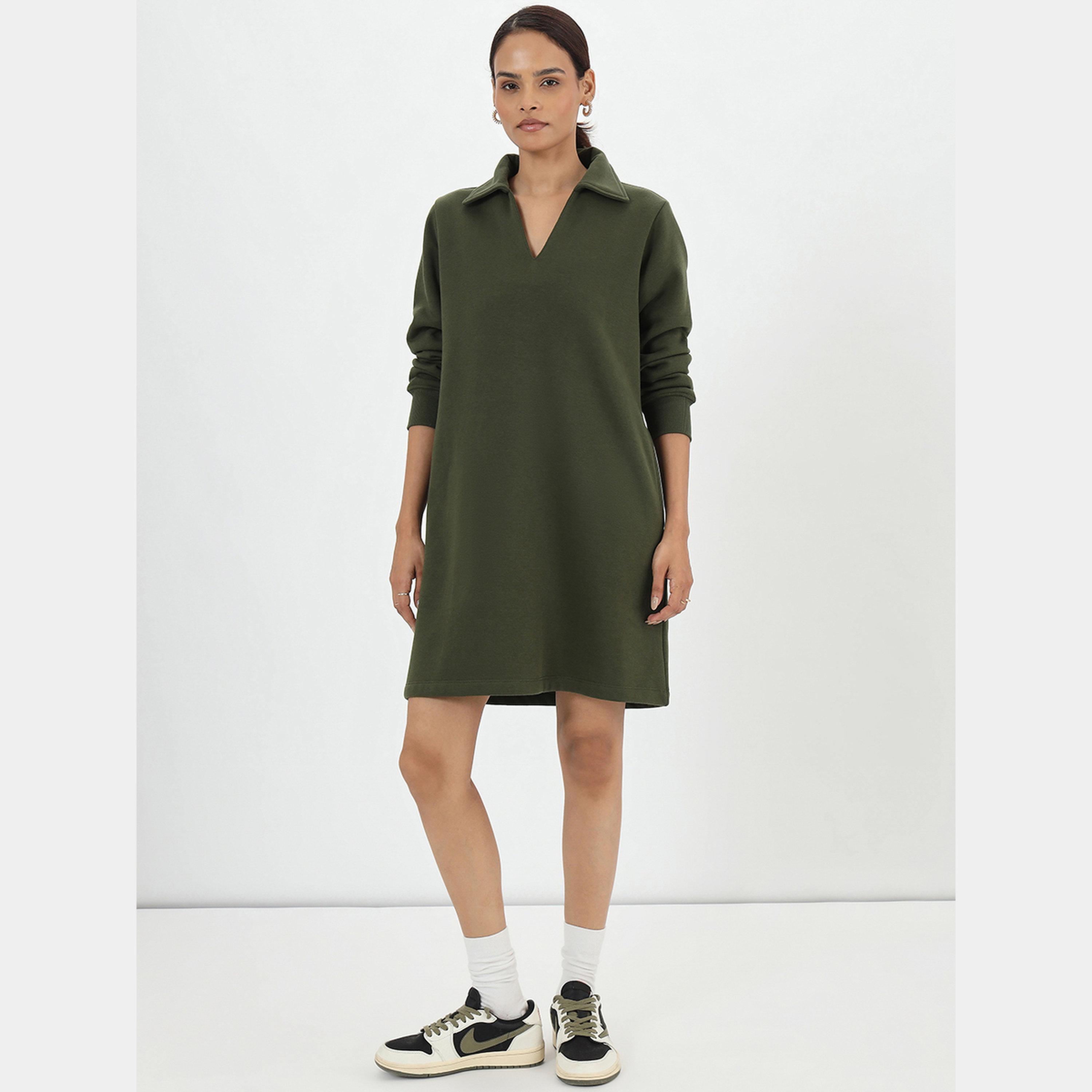 فيميلا - فستان قميص قصير صوف بأكمام طويلة وياقة سادة باللون الزيتوني للنساء-women-clothing-dresses-image-1