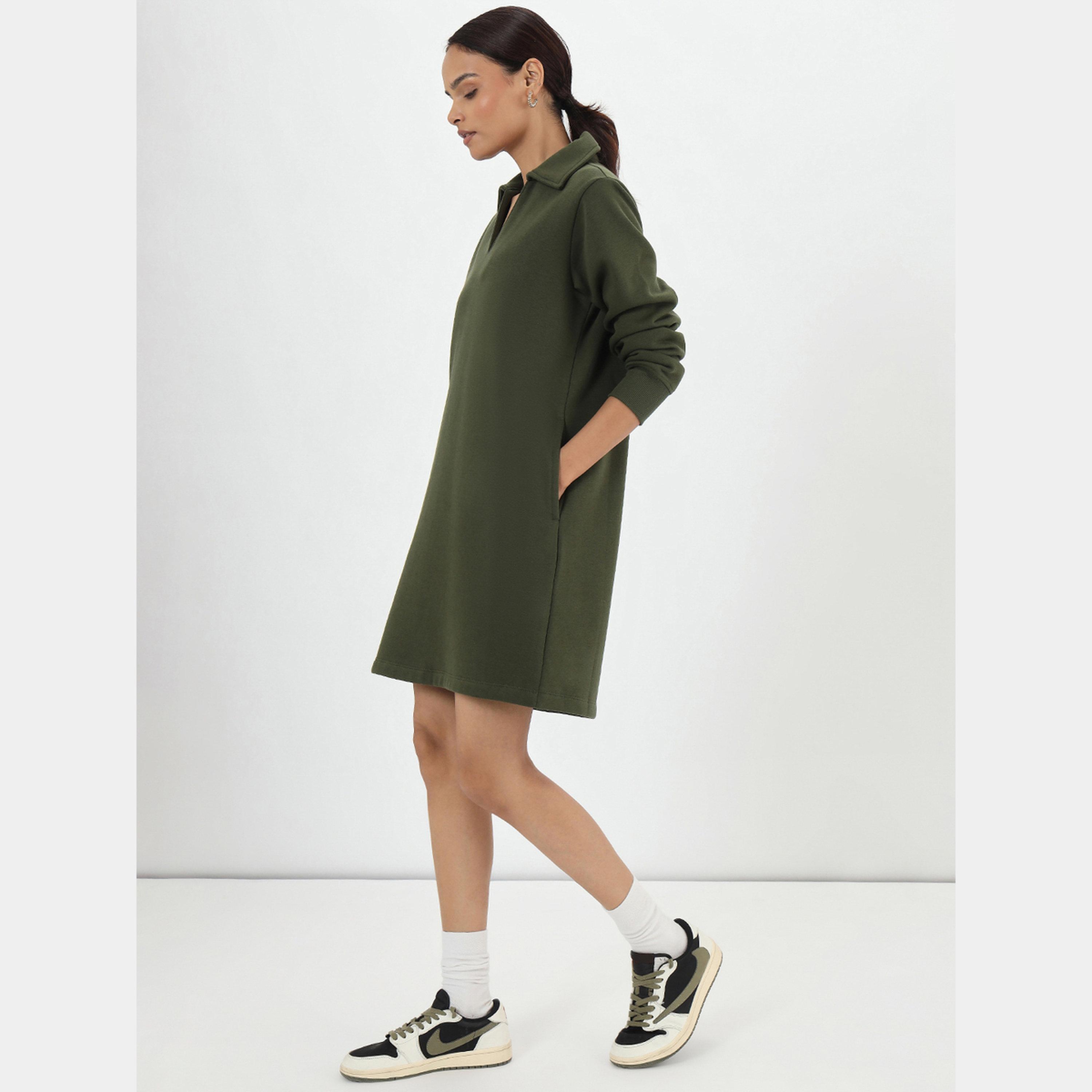 Femmella Olive Solid Collared Long Sleeves Women's Fleece Mini Shirt Dress-women-clothing-dresses-image-2