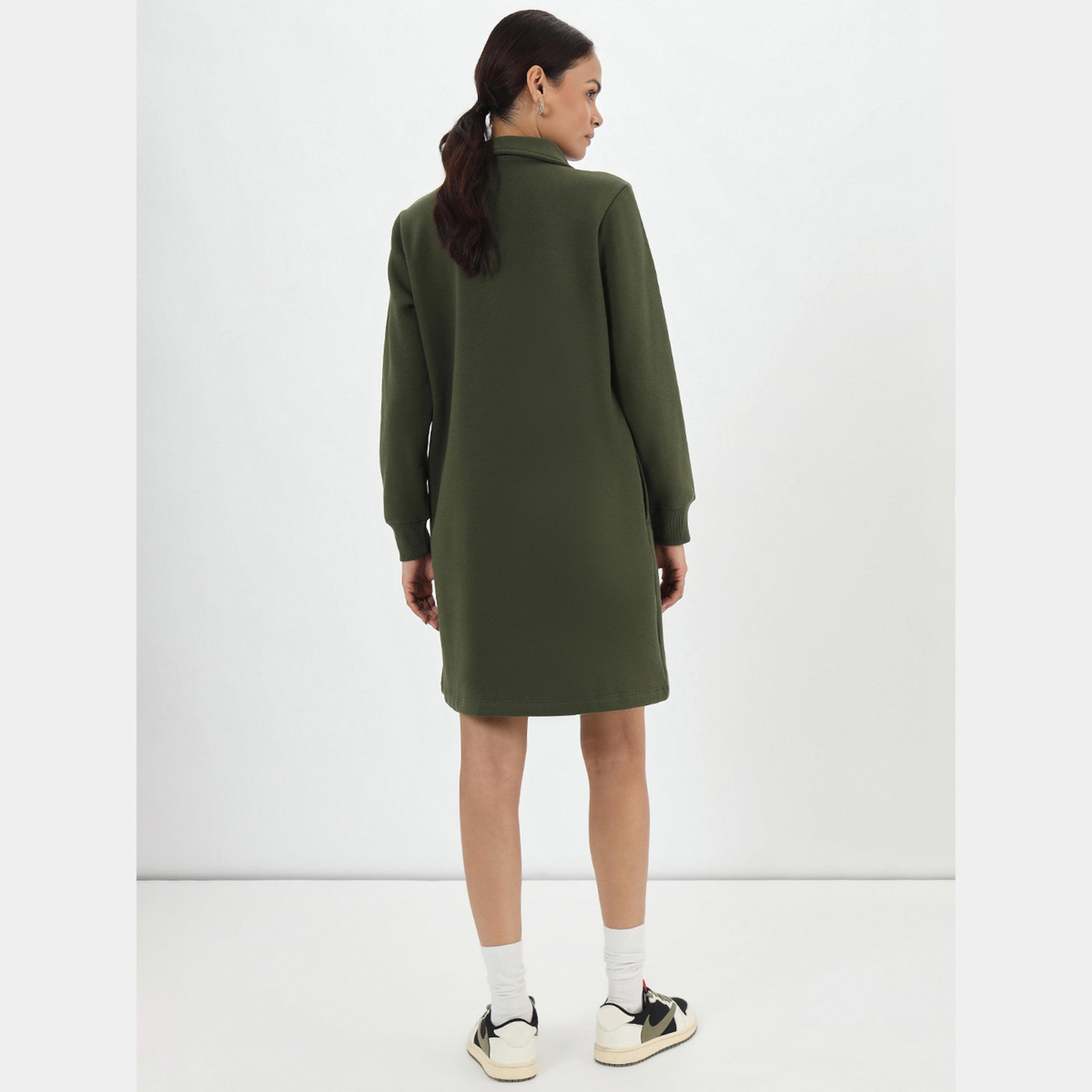 فيميلا - فستان قميص قصير صوف بأكمام طويلة وياقة سادة باللون الزيتوني للنساء-women-clothing-dresses-image-3