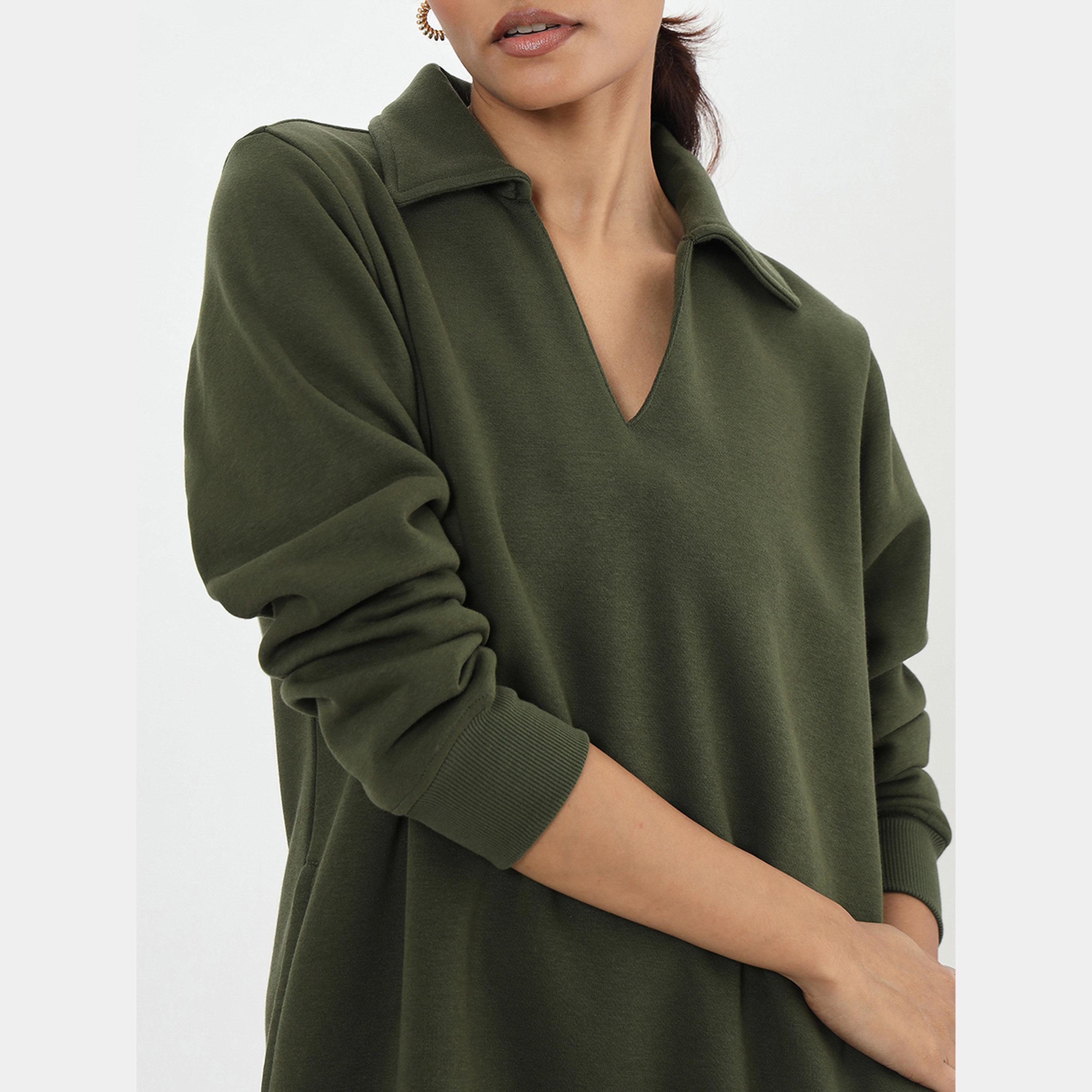 Femmella Olive Solid Collared Long Sleeves Women's Fleece Mini Shirt Dress-women-clothing-dresses-image-4