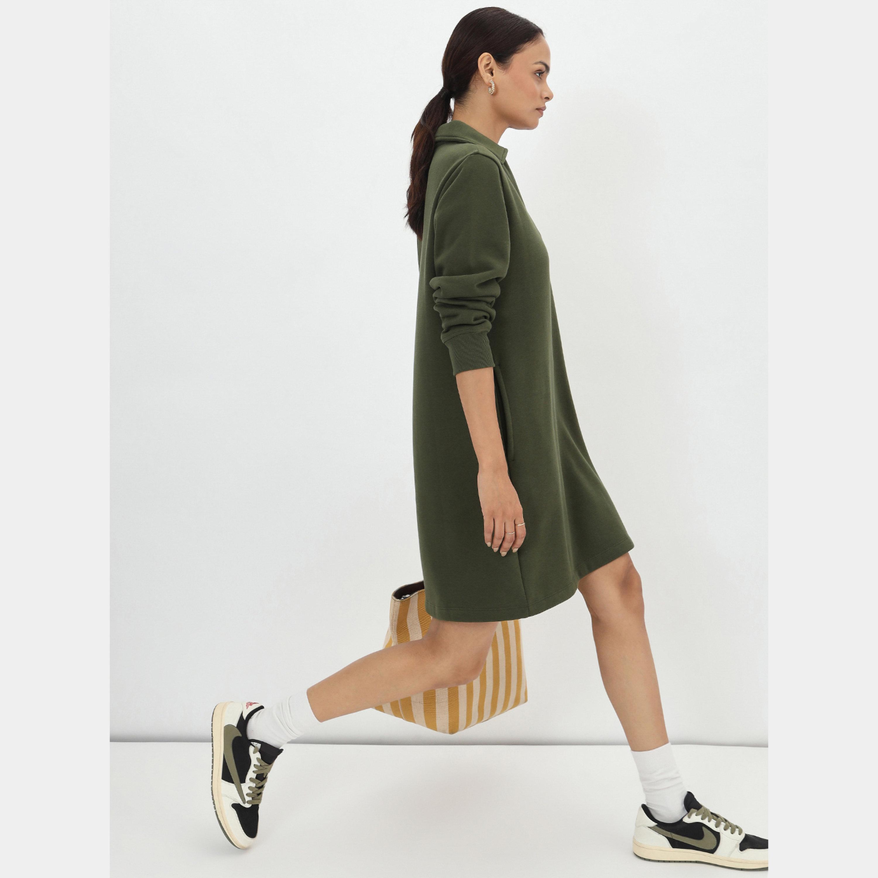 Femmella Olive Solid Collared Long Sleeves Women's Fleece Mini Shirt Dress-women-clothing-dresses-image-5