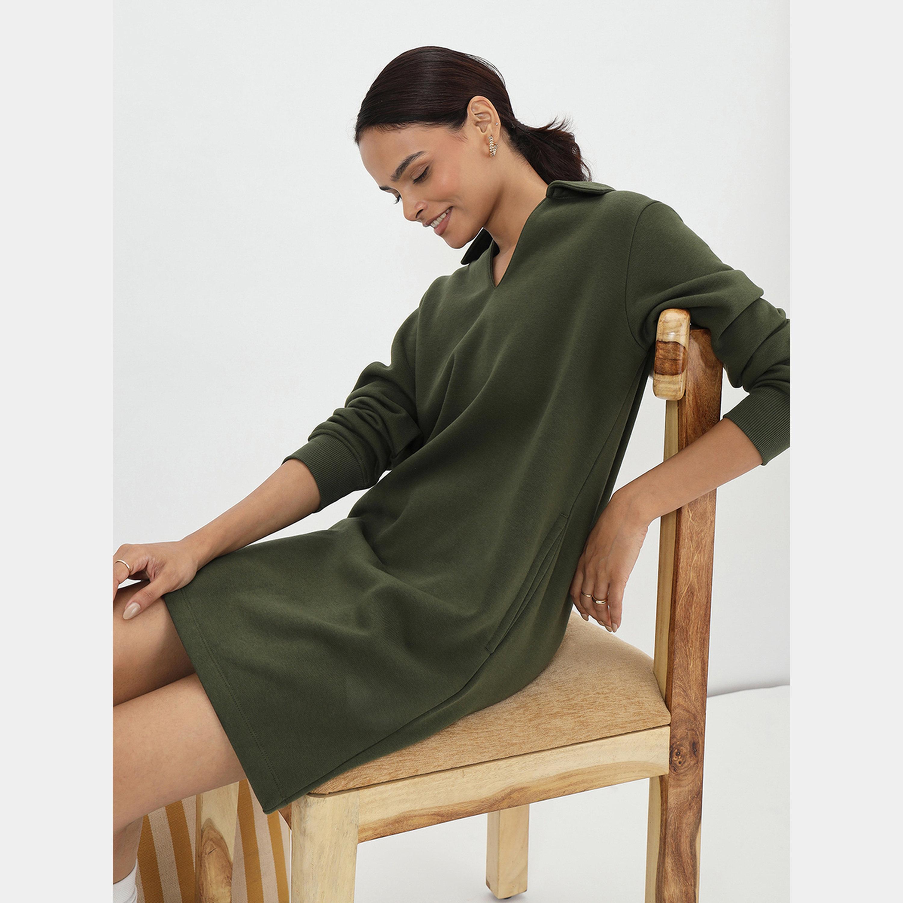 Femmella Olive Solid Collared Long Sleeves Women's Fleece Mini Shirt Dress-women-clothing-dresses-image-6