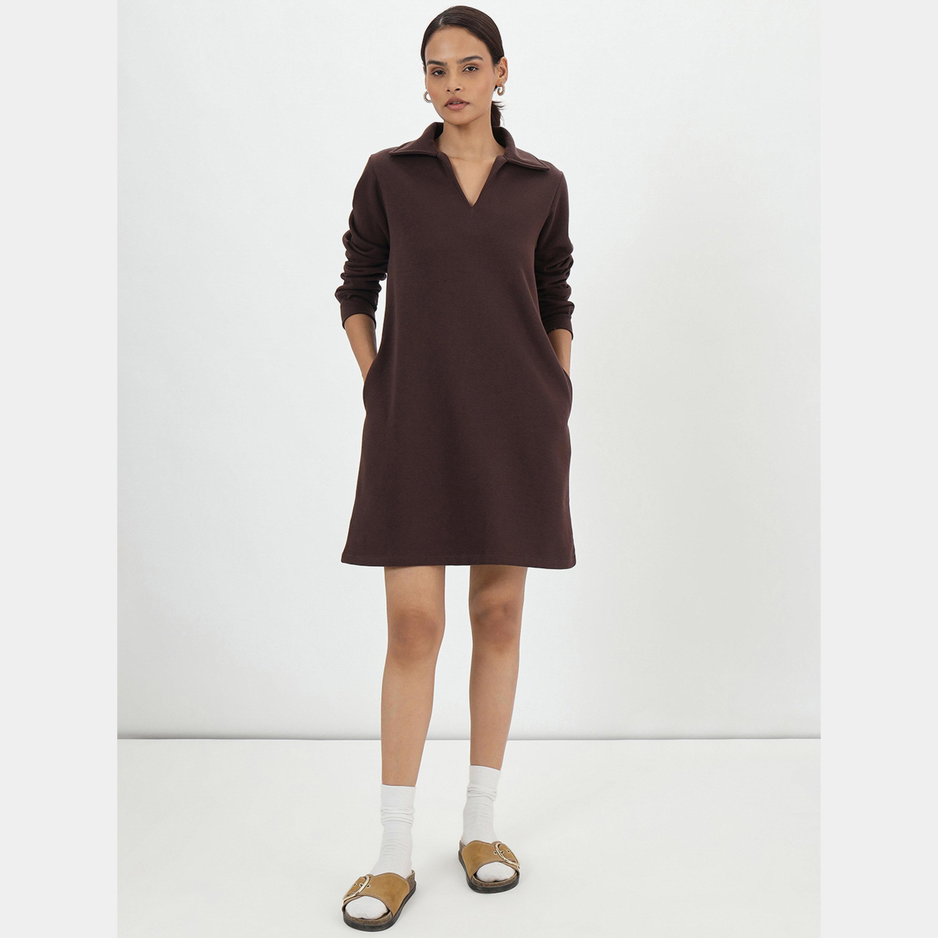فيميلا - فستان قميص قصير صوف بأكمام طويلة وياقة لون القهوة للنساء-women-clothing-dresses-image-1