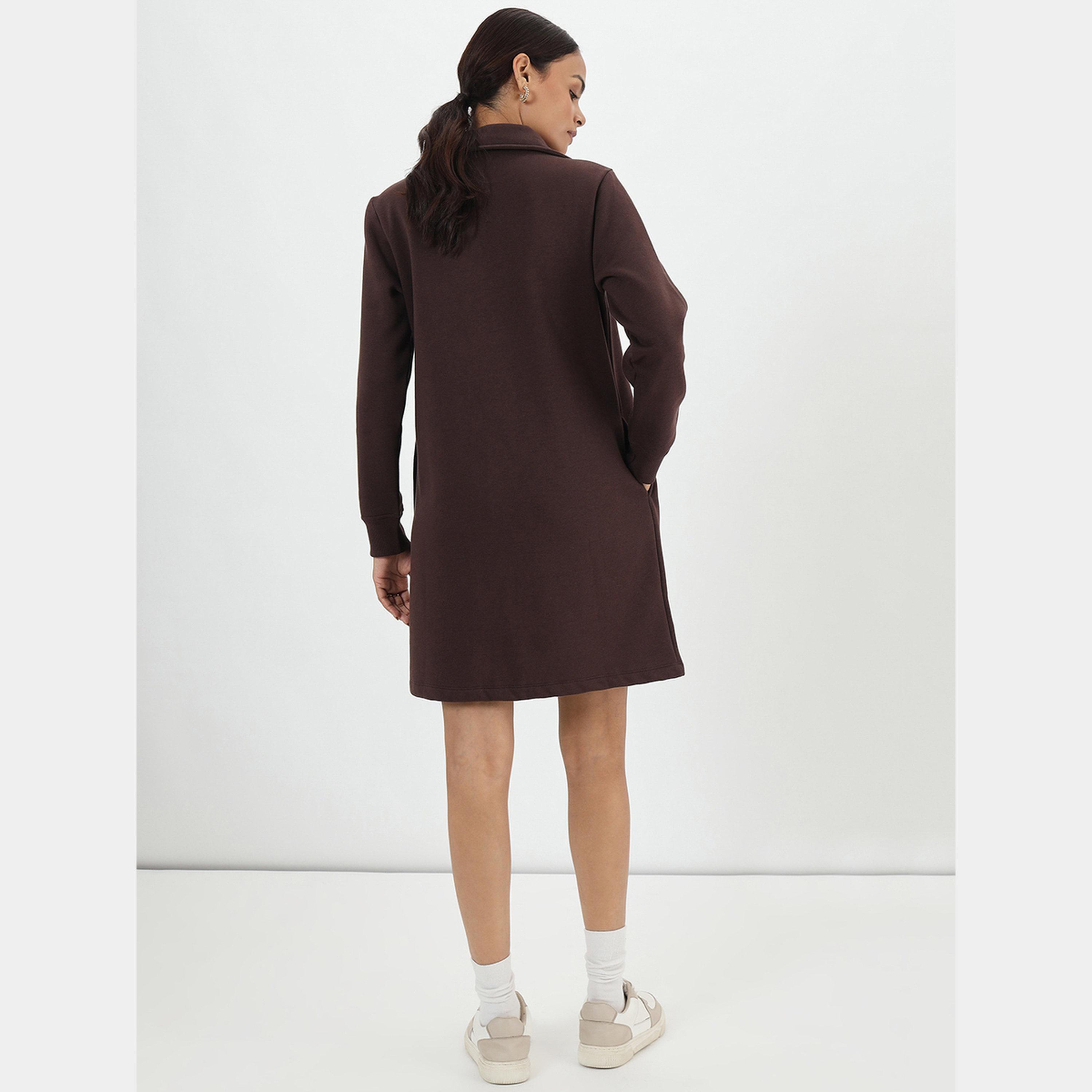 فيميلا - فستان قميص قصير صوف بأكمام طويلة وياقة لون القهوة للنساء-women-clothing-dresses-image-2
