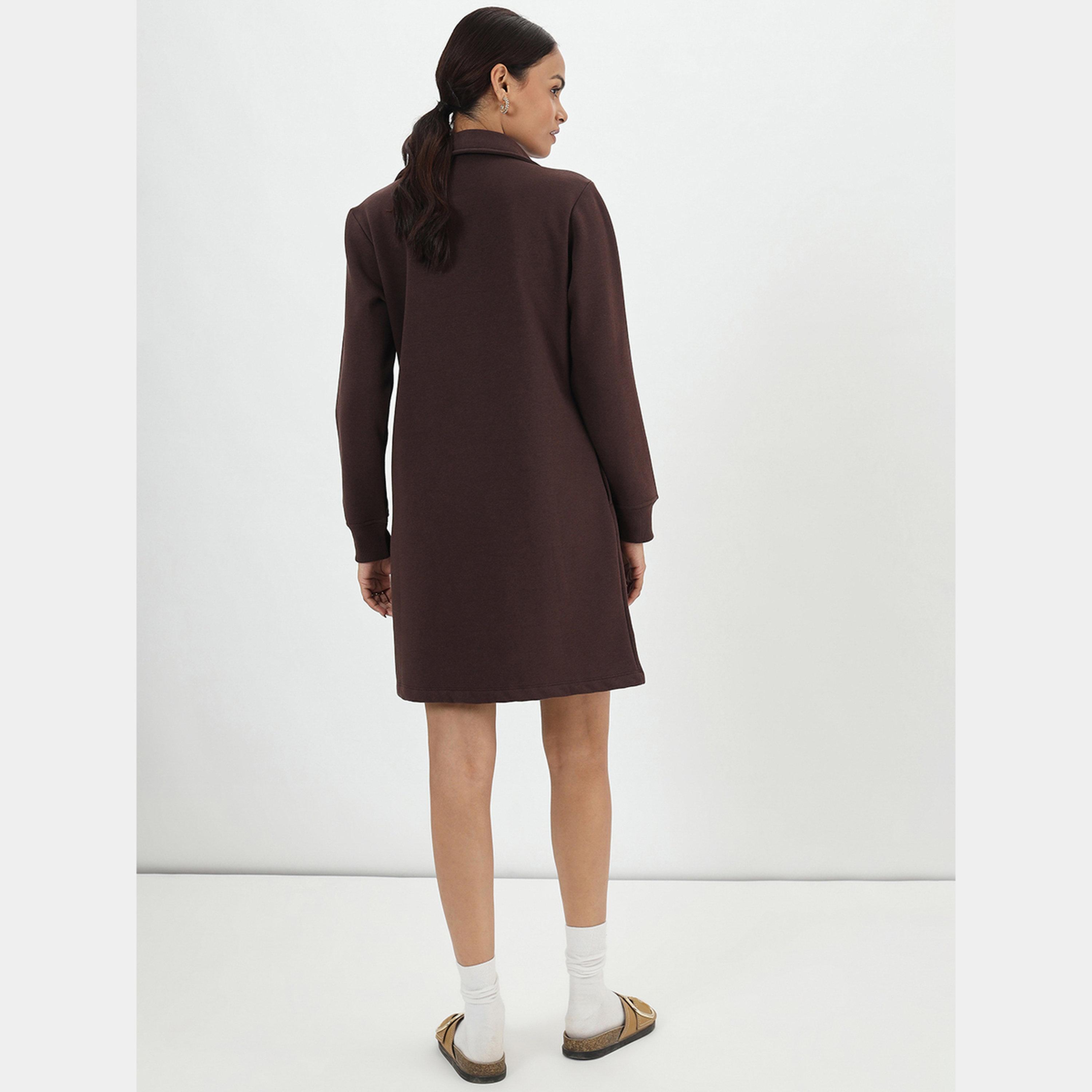 فيميلا - فستان قميص قصير صوف بأكمام طويلة وياقة لون القهوة للنساء-women-clothing-dresses-image-3