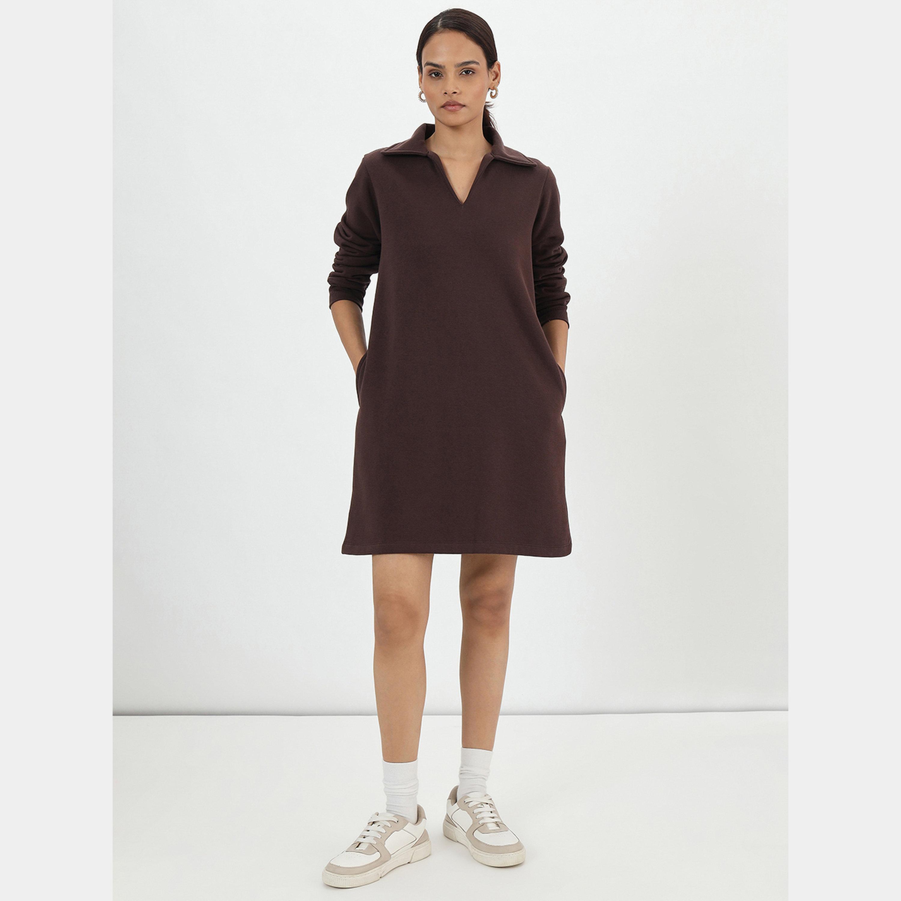 فيميلا - فستان قميص قصير صوف بأكمام طويلة وياقة لون القهوة للنساء-women-clothing-dresses-image-4