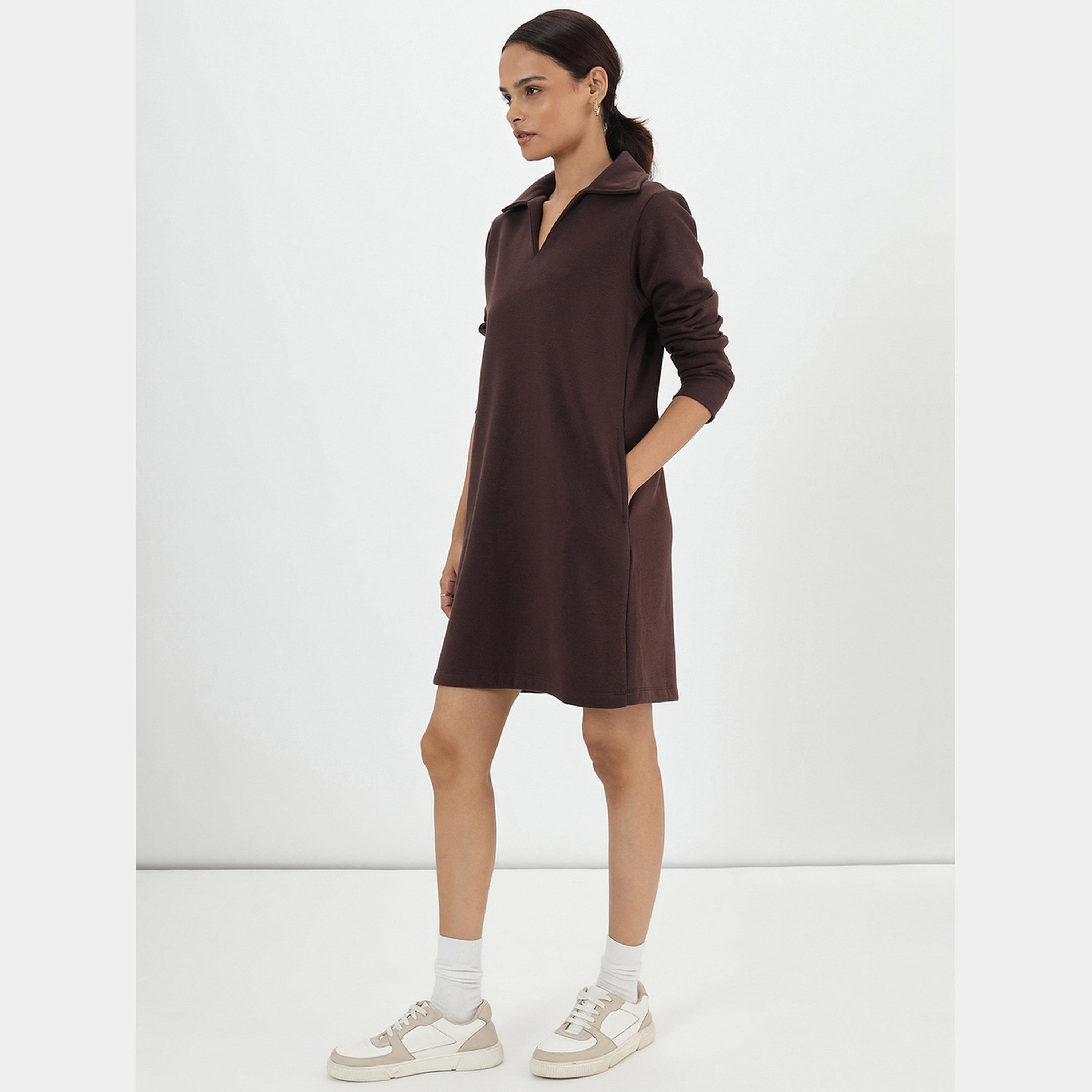 فيميلا - فستان قميص قصير صوف بأكمام طويلة وياقة لون القهوة للنساء-women-clothing-dresses-image-5