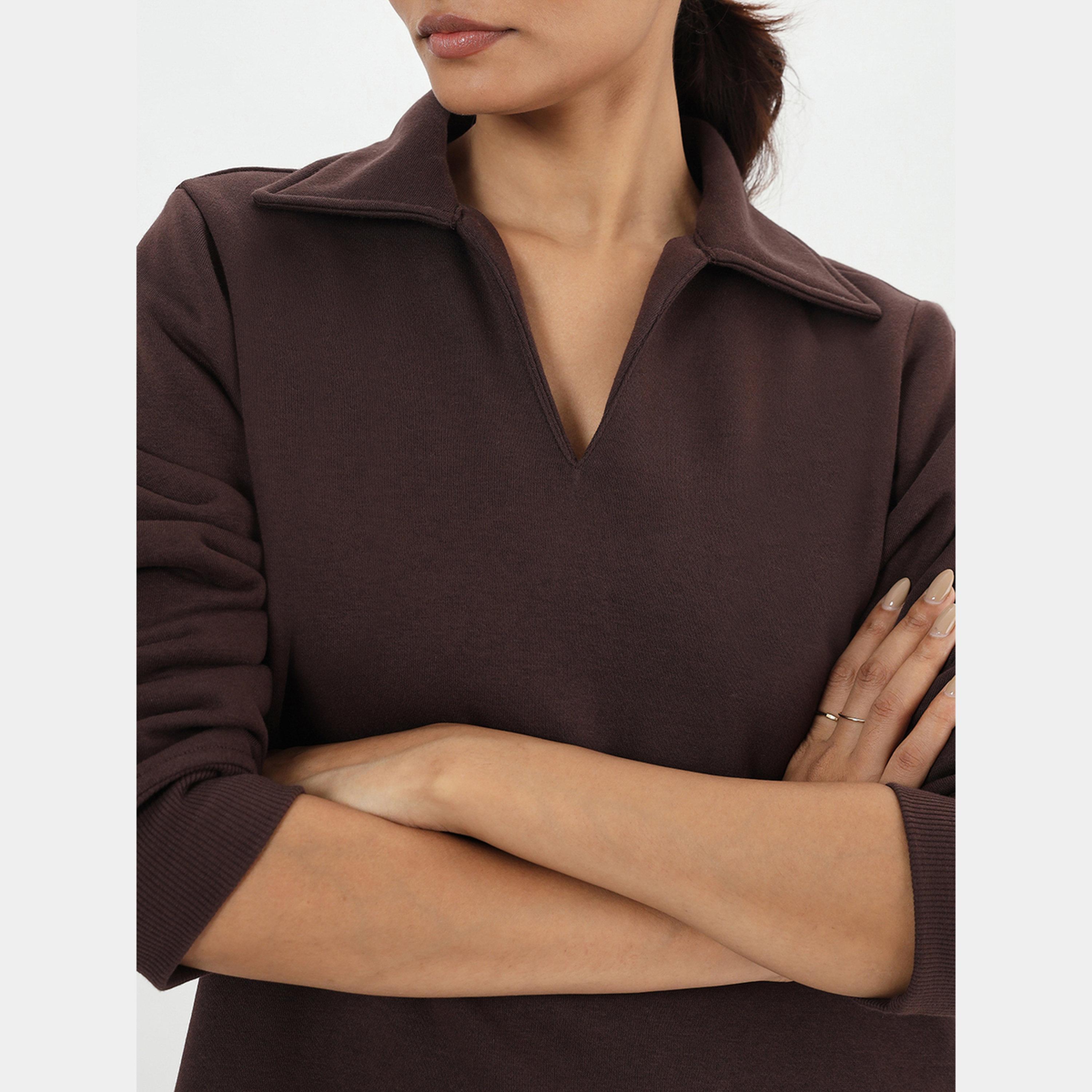 فيميلا - فستان قميص قصير صوف بأكمام طويلة وياقة لون القهوة للنساء-women-clothing-dresses-image-6