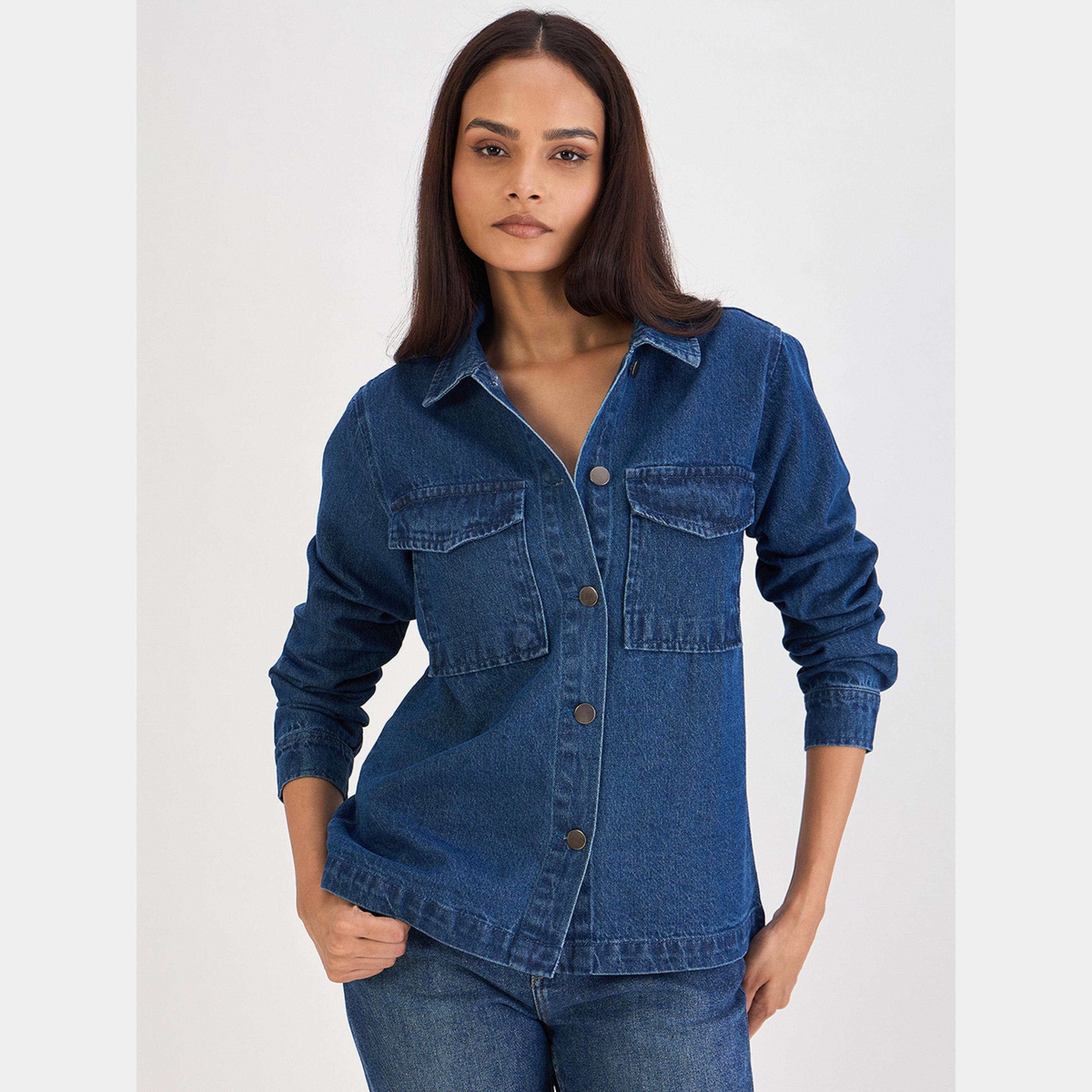 Femmella Women Blue Denim Chest Pockets Shacket-women-winterwear-coatsandjackets-jackets-image-1