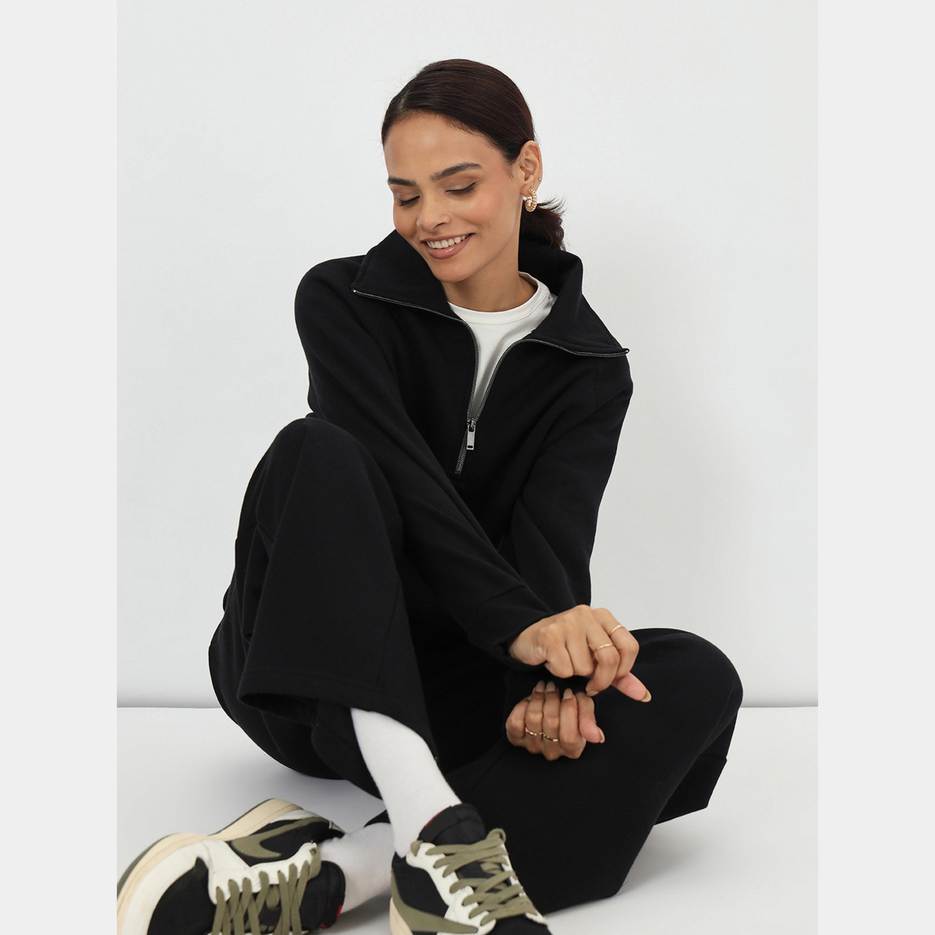 Femmella Black Fleece Half-Zip Sweatshirt-women-clothing-hoodiesandsweatshirts-sweatshirts-image-5