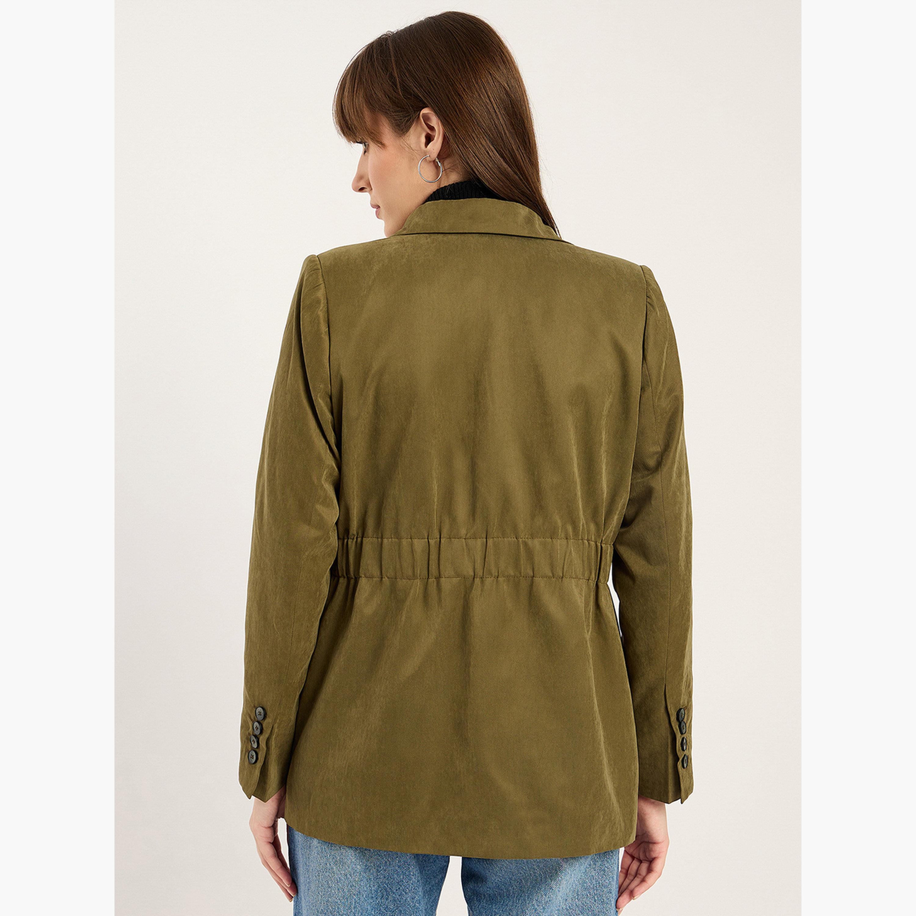 Femmella Olive Plain Collared Long Sleeves Women's Cinched Buttoned Waist Blazer-women-clothing-coatsandjackets-blazers-image-3