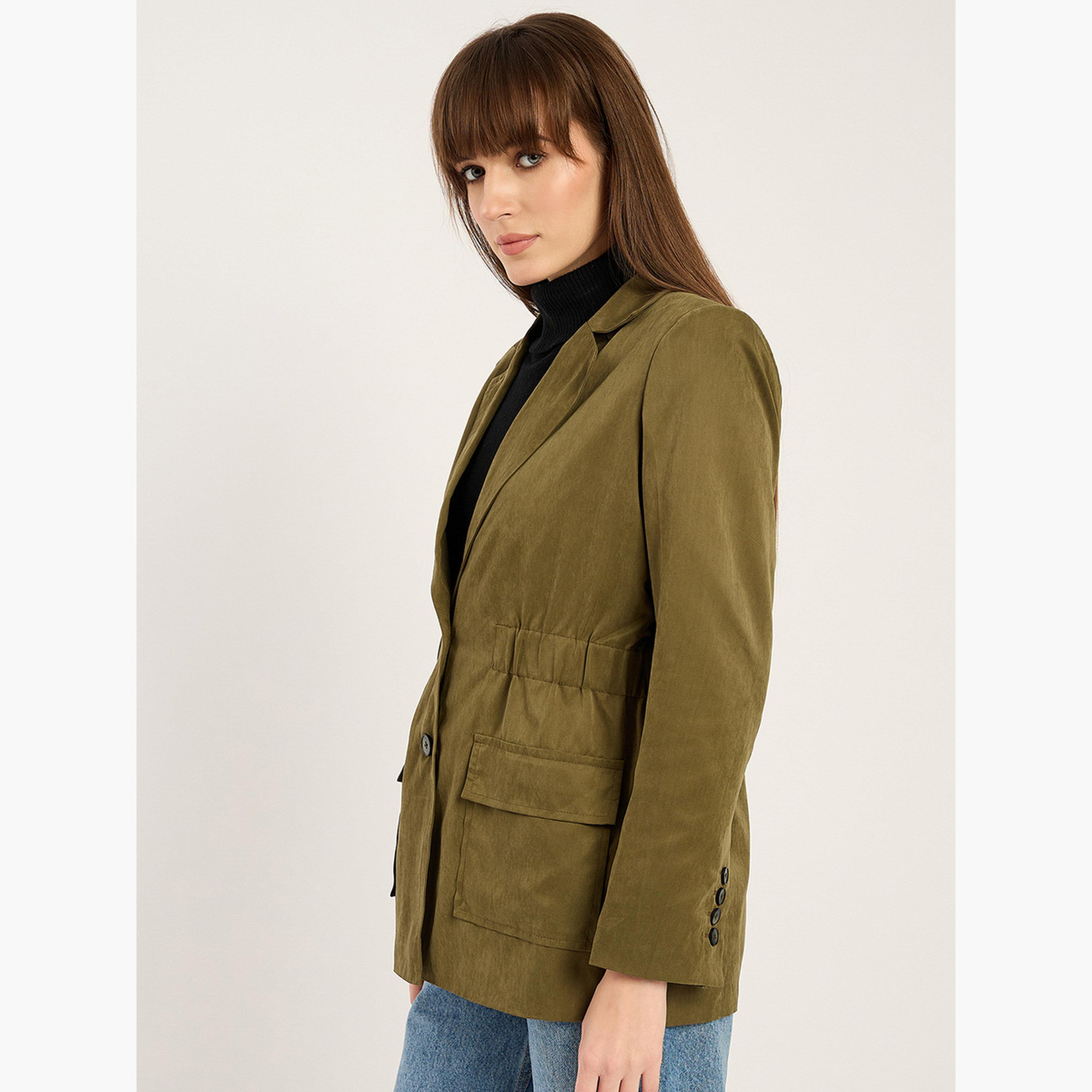 Femmella Olive Plain Collared Long Sleeves Women's Cinched Buttoned Waist Blazer-women-clothing-coatsandjackets-blazers-image-4