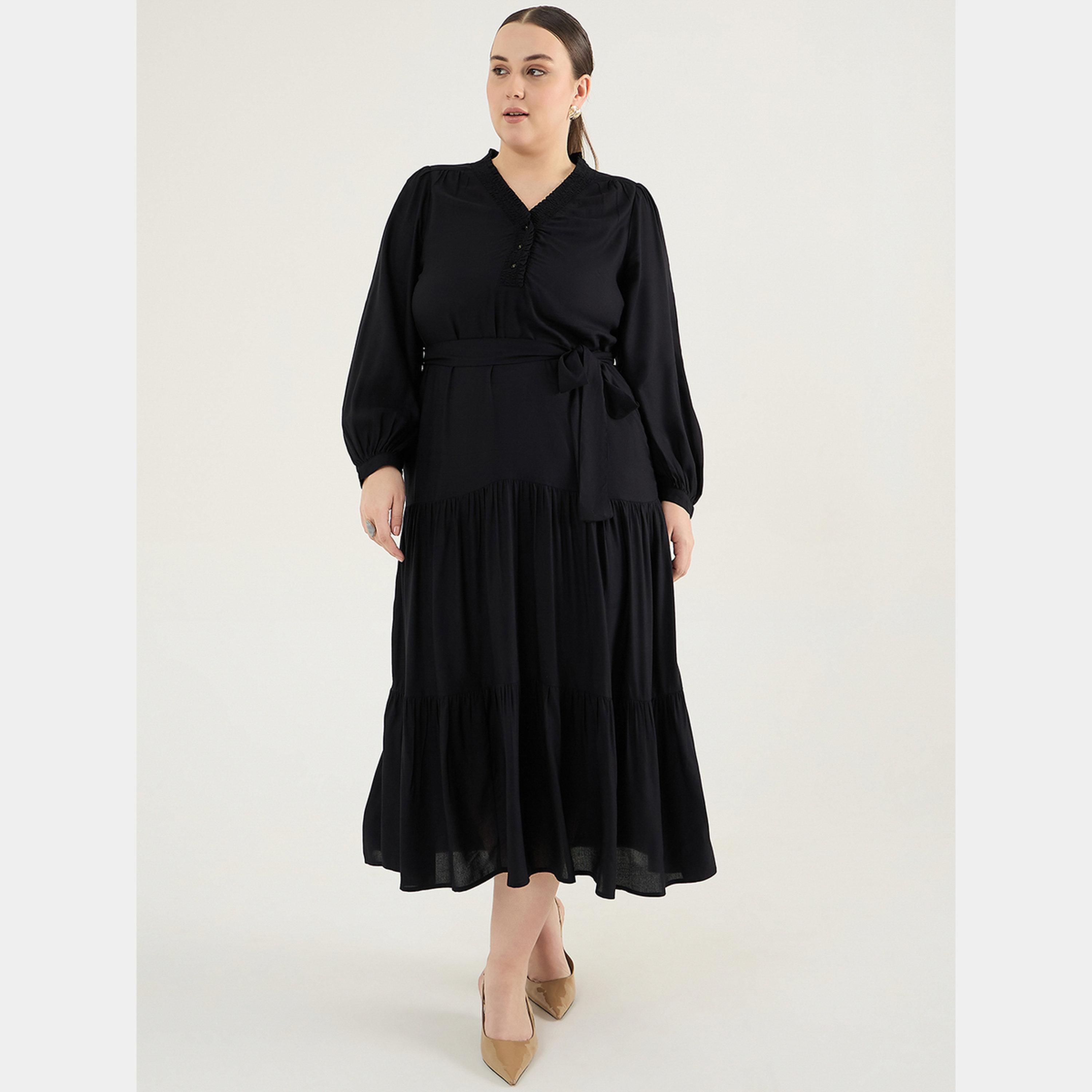فيميلا - فستان ماكسي أسود رقبة حرف V أكمام طويلة مقاس واسع للنساء-women-clothing-dresses-image-1