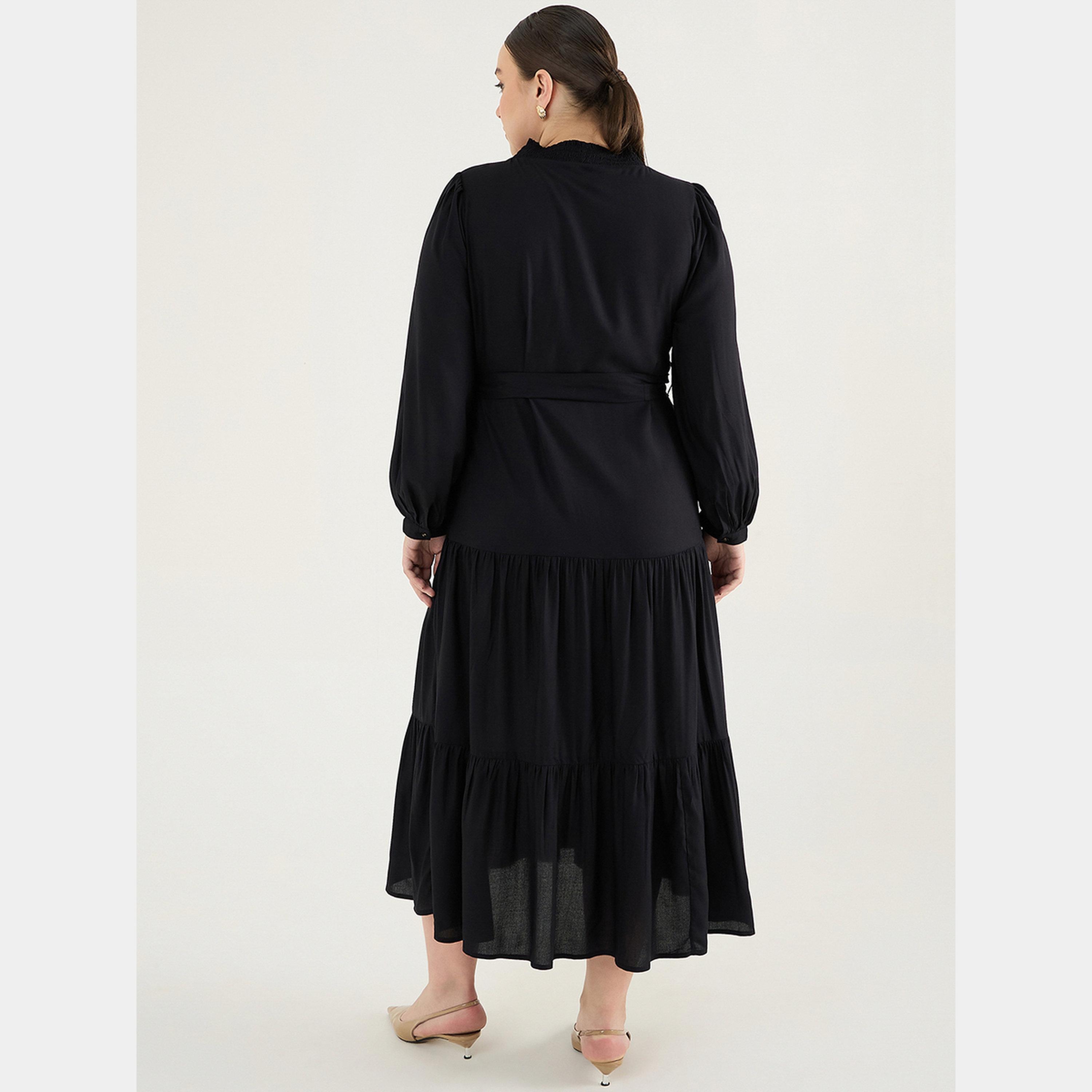 فيميلا - فستان ماكسي أسود رقبة حرف V أكمام طويلة مقاس واسع للنساء-women-clothing-dresses-image-3