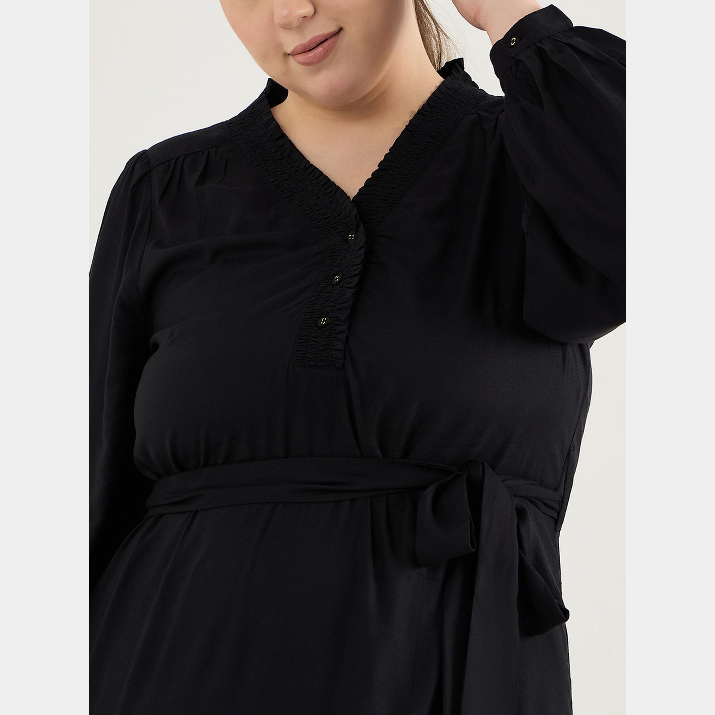 فيميلا - فستان ماكسي أسود رقبة حرف V أكمام طويلة مقاس واسع للنساء-women-clothing-dresses-image-4
