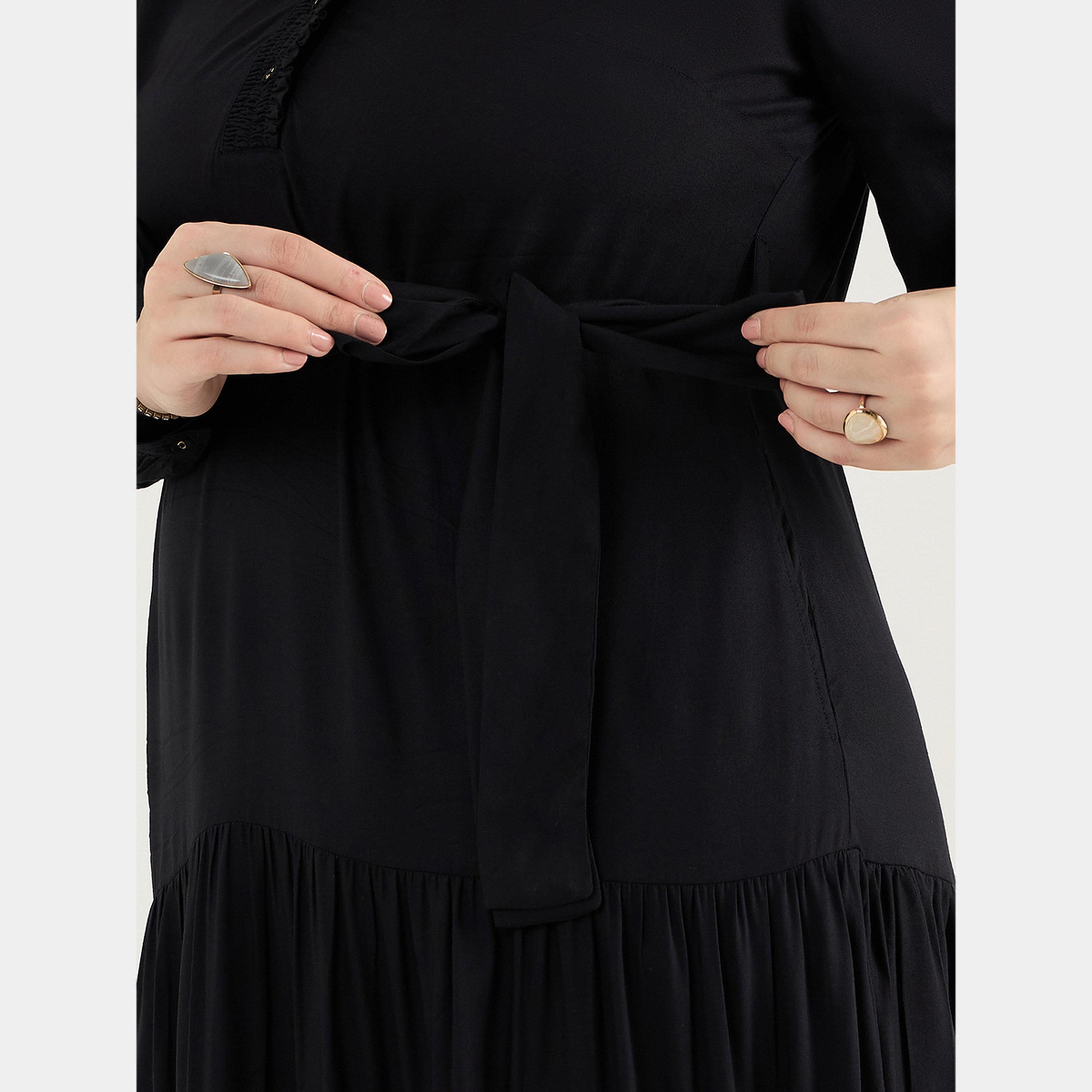 فيميلا - فستان ماكسي أسود رقبة حرف V أكمام طويلة مقاس واسع للنساء-women-clothing-dresses-image-5
