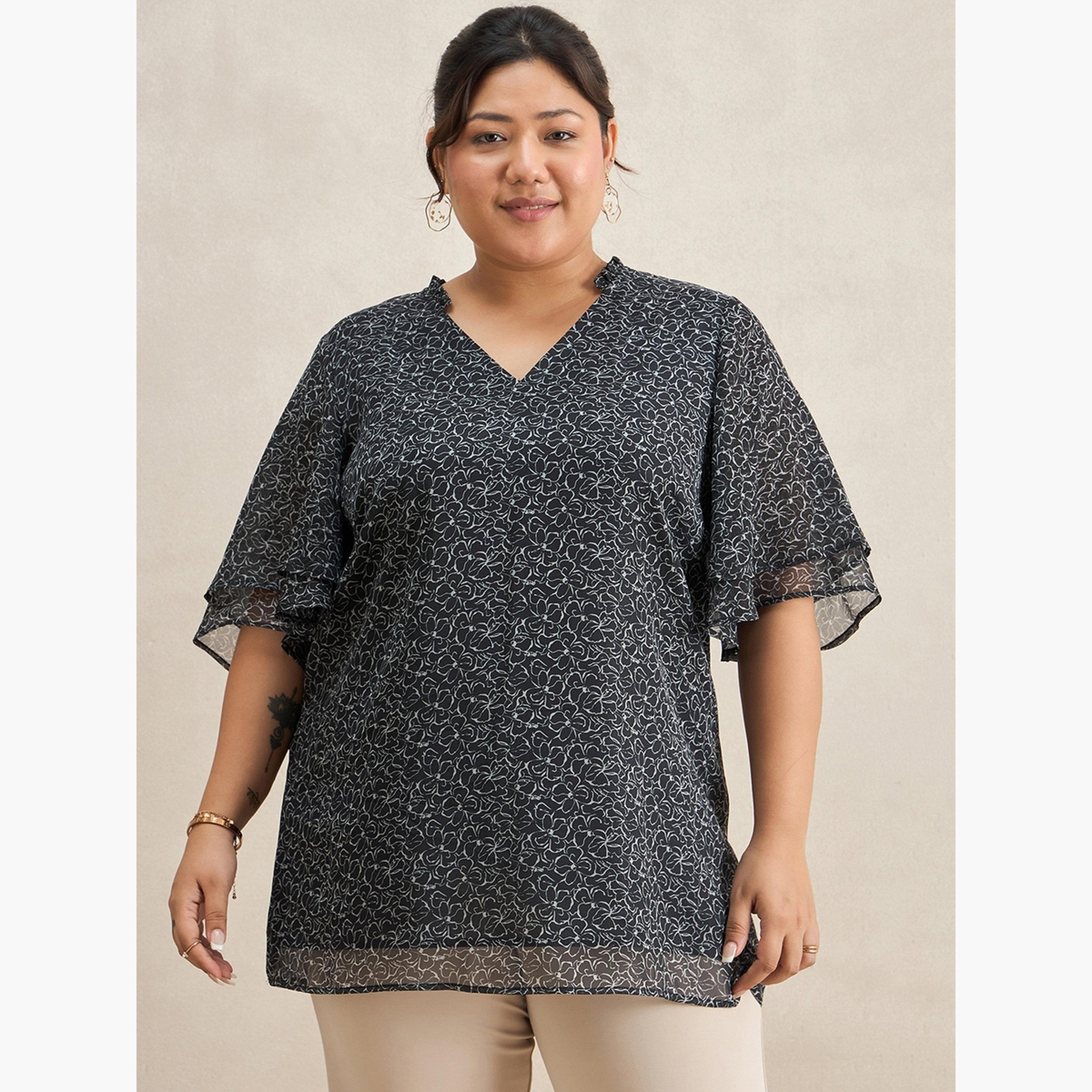 فيميلا - بلوزة تونيك بطبعة زهور سوداء مقاس واسع-women-clothing-tshirts-image-3