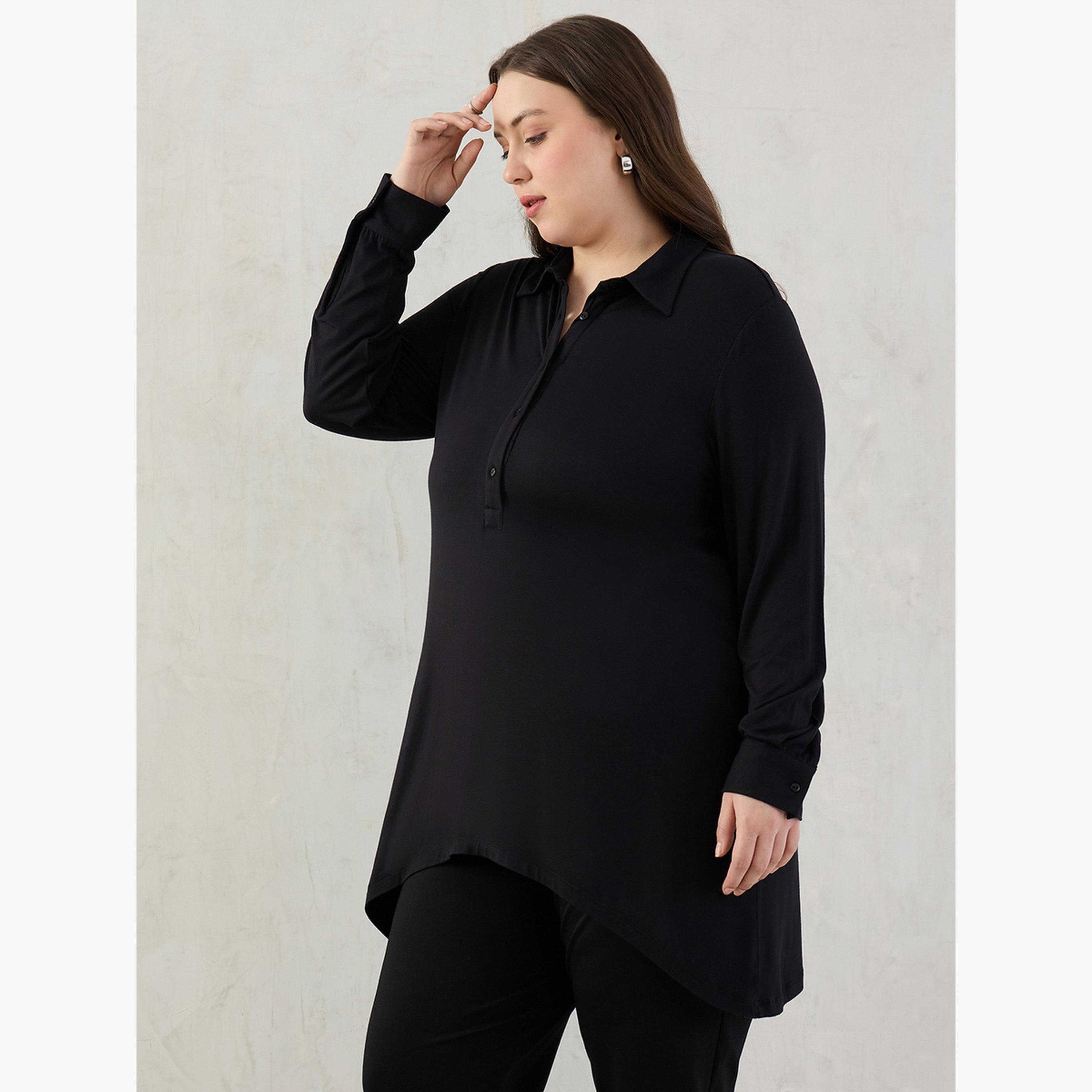 فيميلا - بلوزة تونيك سوداء بأكمام طويلة ومقاس واسع-women-clothing-tshirts-image-2