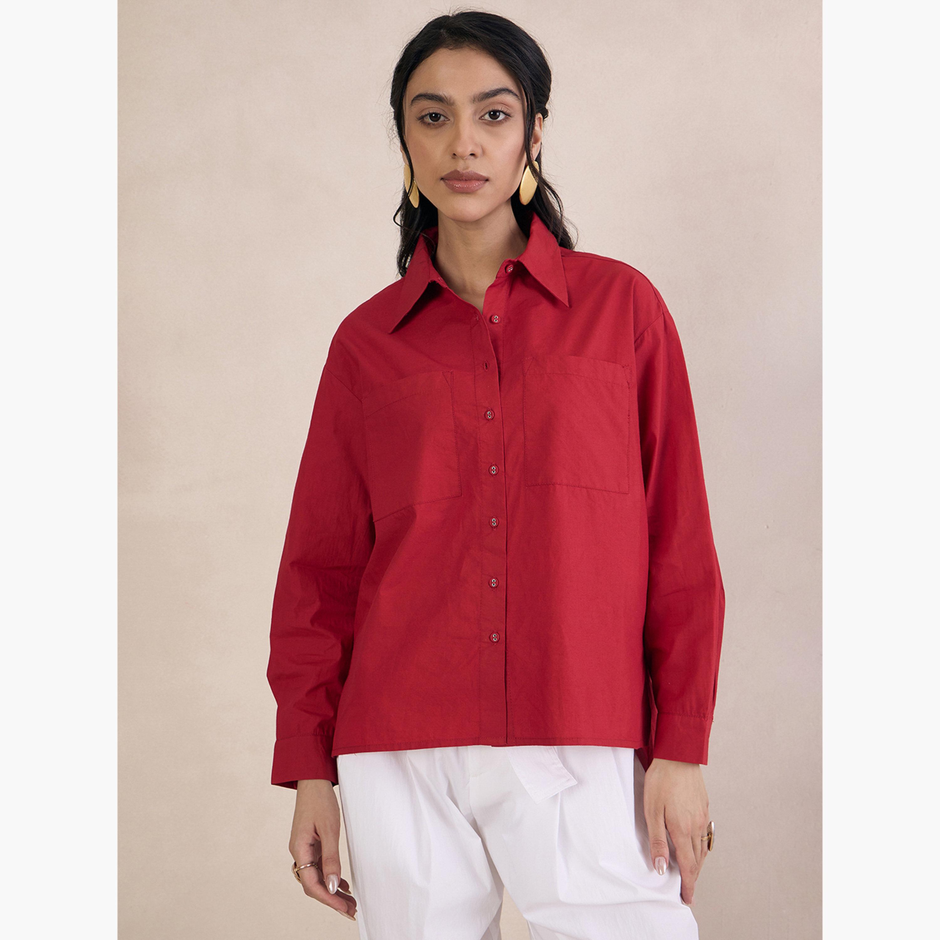 Femmella Red Poplin Long Sleeve Oversized Shirt-women-clothing-shirtsandblouses-shirts-image-1