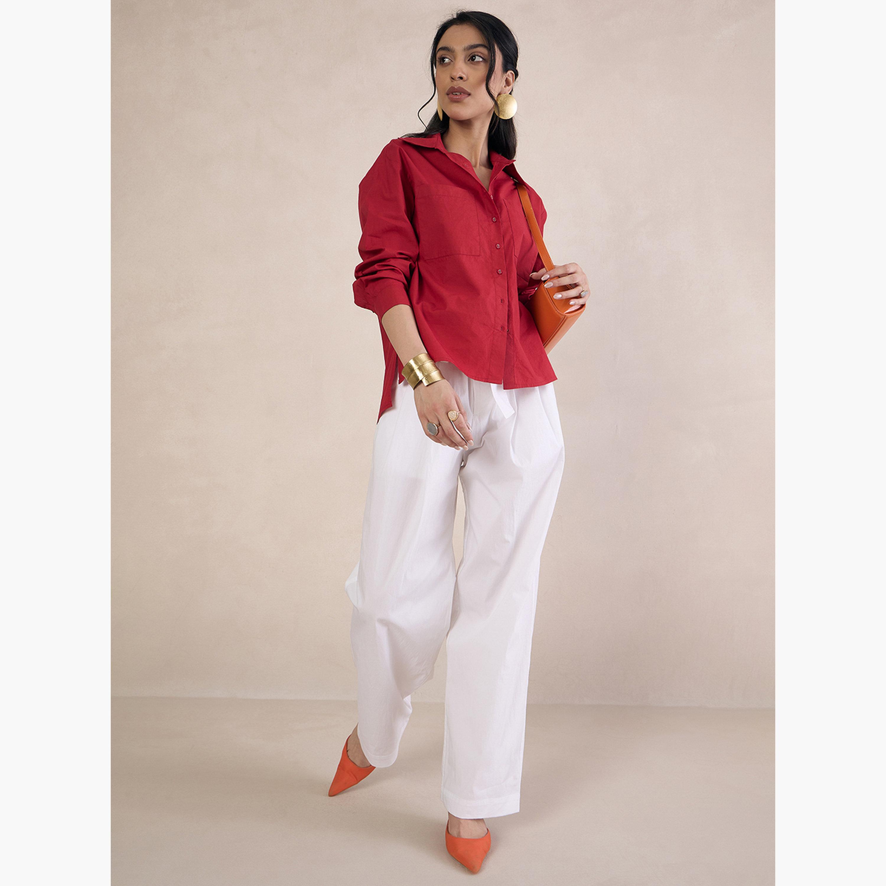 فيميلا - قميص بوبلين أحمر بأكمام طويلة ومقاس واسع-women-clothing-shirtsandblouses-shirts-image-2