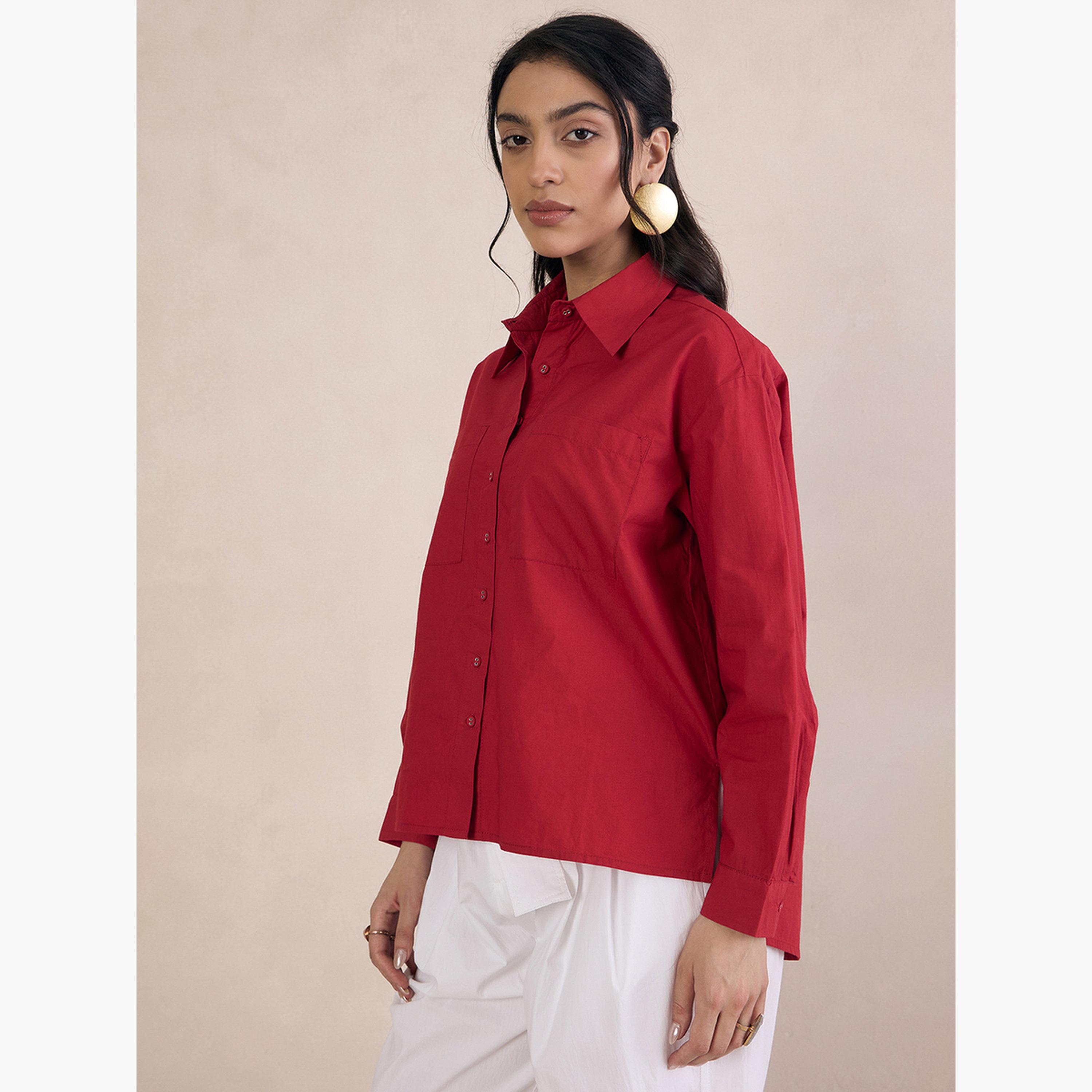 فيميلا - قميص بوبلين أحمر بأكمام طويلة ومقاس واسع-women-clothing-shirtsandblouses-shirts-image-3