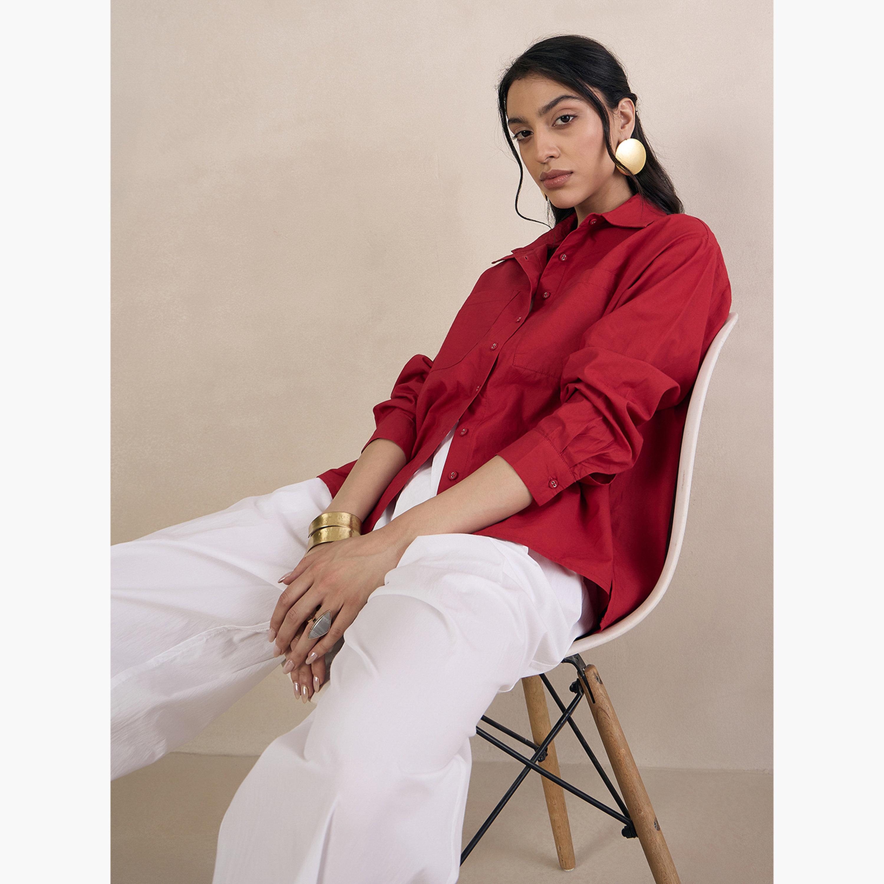 Femmella Red Poplin Long Sleeve Oversized Shirt-women-clothing-shirtsandblouses-shirts-image-5
