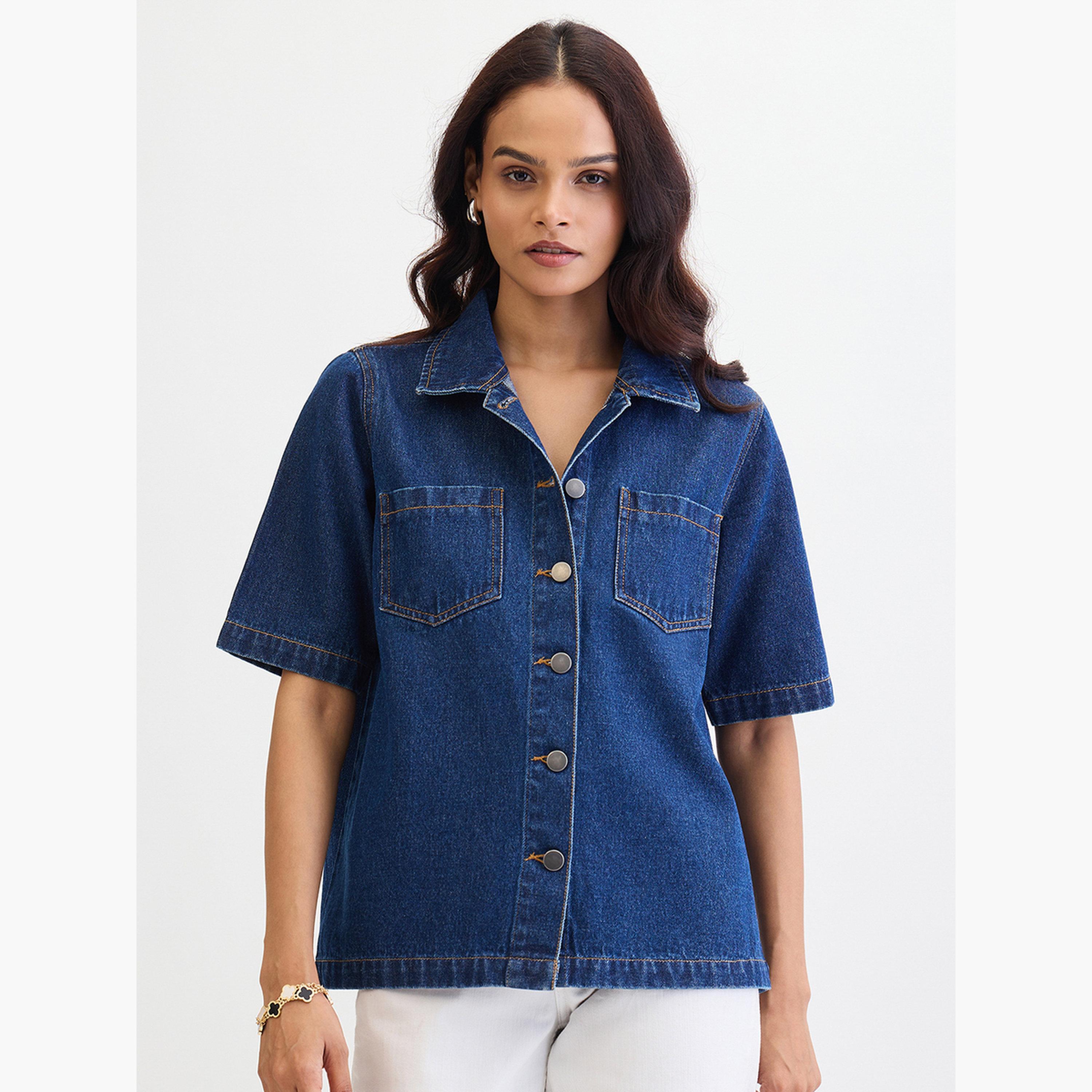فيميلا - قميص جينز أزرق داكن بأكمام قصيرة-women-clothing-shirtsandblouses-shirts-image-1